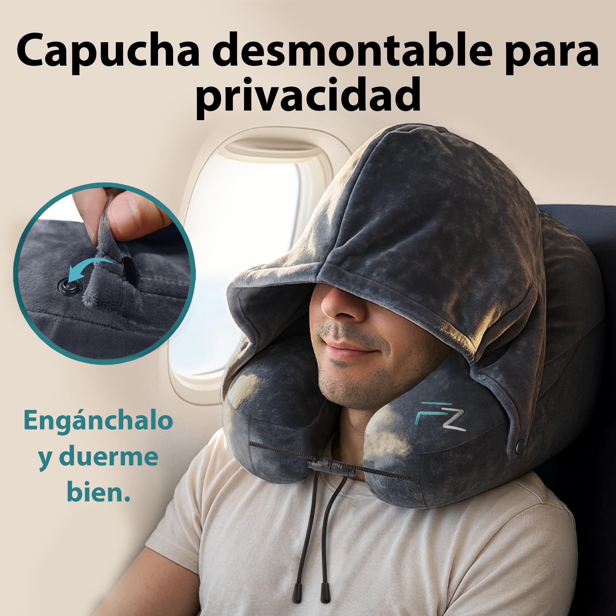 FLOWZOOM Almohada de Viaje Hinchable para Mujeres - Cojín de Cuello con Capucha de Felpa para Máxima Privacidad y Confort Avión, Tren y Coche - Talla M - Negro