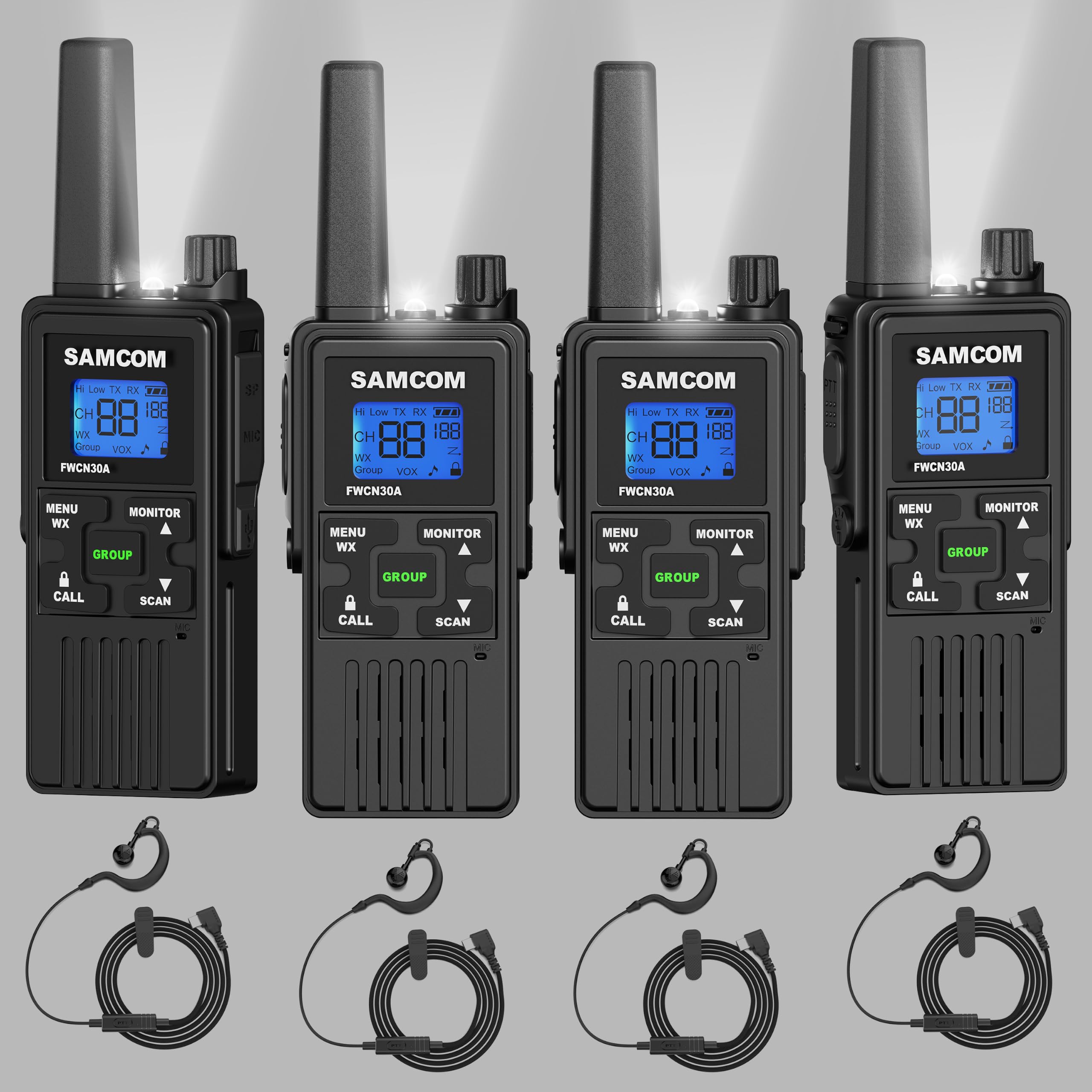 SAMCOM FRS Two Way Radios Bulk Set with NOAA Group Call Alert Earpiece