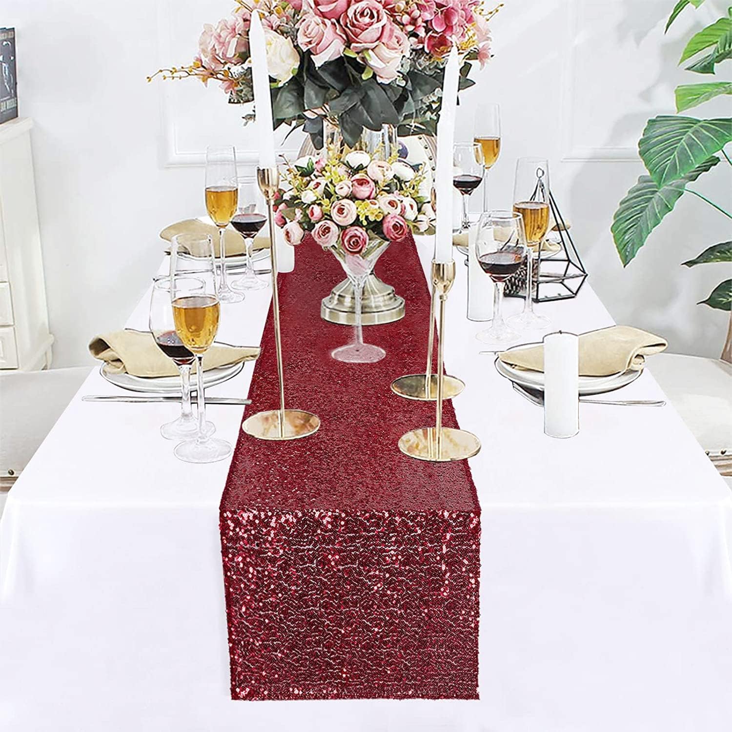 Burgundy Sequin Table Runner 12" x 108" Pack of 12 Sequin Rectangle Table Runner Glitter Table Runner for Party Decor Graduation Party Supplies Decorations Wedding, Birthday