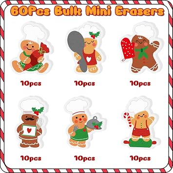 Haooryx Christmas Cooking Gingerbread Men Eraser - 60Pcs Novelty Mini Baking Gingerbread Men Pencil Eraser Bulk 3D Desk Puzzle Rubber for Classroom Student Reward Xmas New Year Party Favor Gift Supply