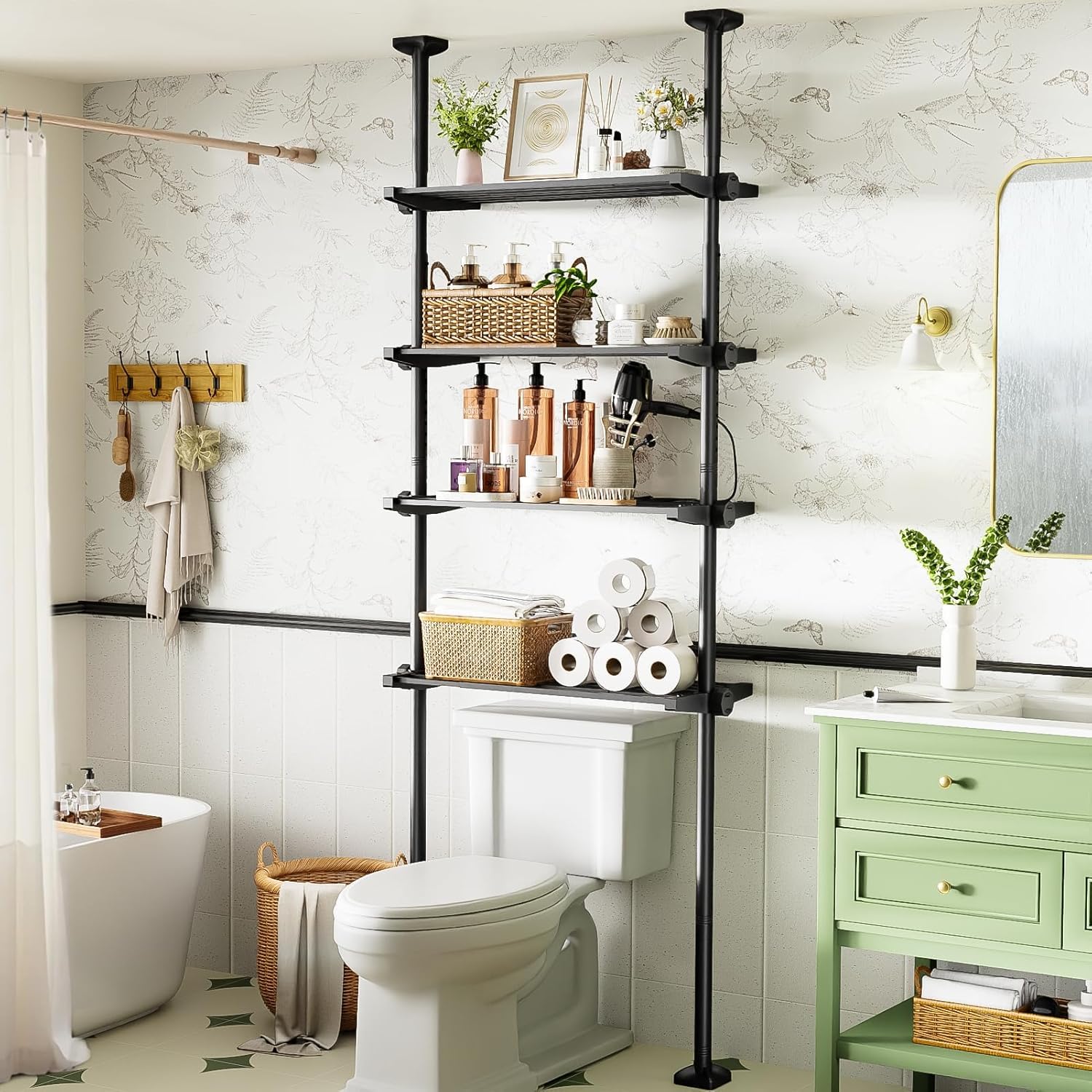 Estantería para inodoro de 4 niveles WELDUN, estante de baño sobre el inodoro ahorrador de espacio, 49-79 cm de ancho, 122-315 cm de alto, estantería para lavadora, organizador de baño, negro