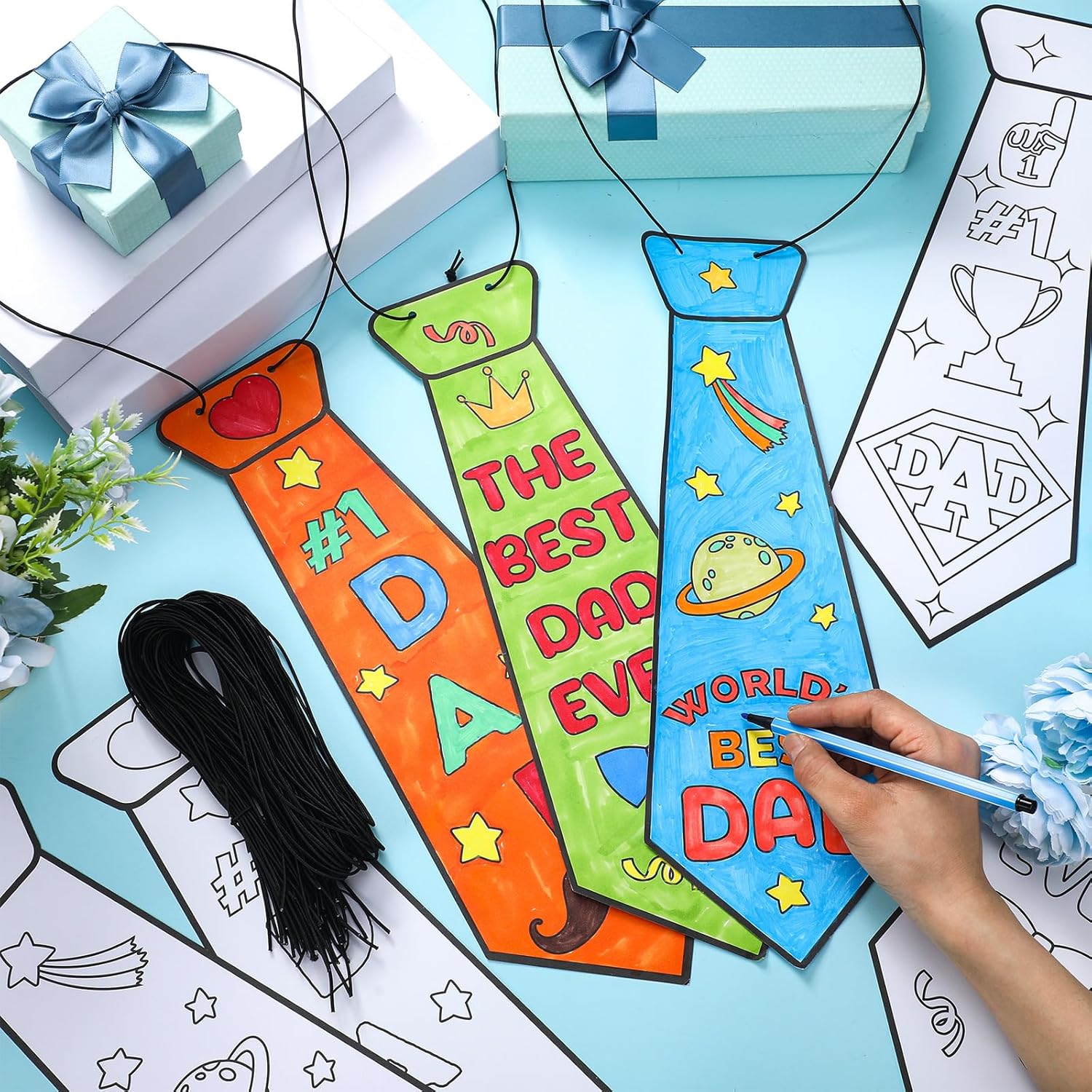 AmazingSpark 48 Set Father's Day Tie Craft for Kids Bulk Color Your Own Father's Day Necktie DIY Crafts Kit Best Dad Gifts from Kids for Dad's Birthday Party Classroom School DIY Fun Activities
