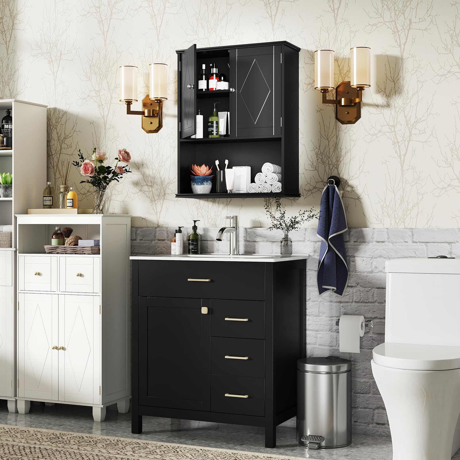 COSTWAY Armoire Murale Salle de Bain, Meuble WC Suspendu avec 2 Portes, Étagère Réglable, Compartiment Ouvert, Style Ferme, Gain de Place, pour Toilette, Buanderie, Cuisine, 21 x 60 x 75 cm (Noir)