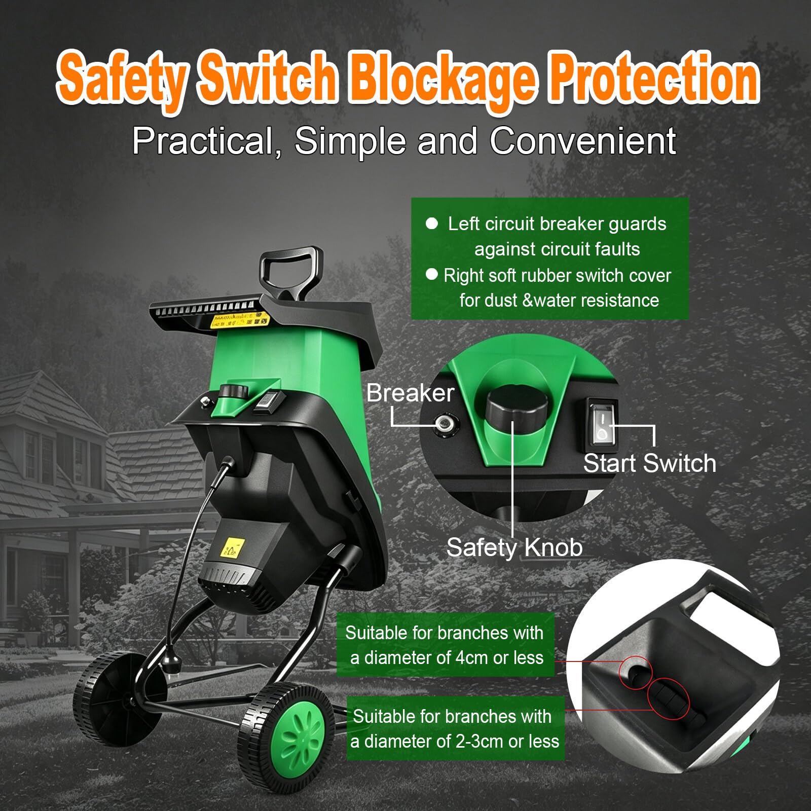 Biotrituratore Elettrico Rapido con Doppia Lama e Ruote | Biotrituratore Elettrico 2400W Doppia Lama e Protezione da Sovraccarico per Cura del Prato e Siepi(Yellow,110V)