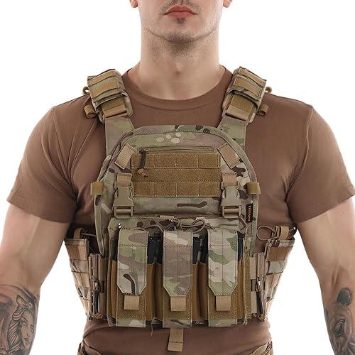 Miniatura 9 de Tuxapo Chalecos tácticos MOLLE con bolsa triple para mag y bolsas laterales de Cummerbund, chalecos de liberación rápida para hombres
