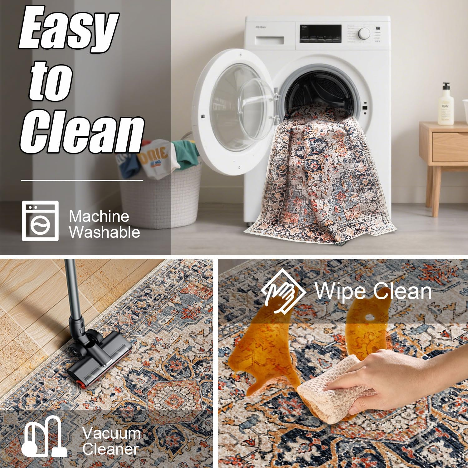 Area Rugs Washable Non-Slip, Floral Vintage Distress Print Pattern Medallion Carpet for Living Room Bedroom Dining Room, Beige Navy Blue Orange Colorful (Blue, 5' x 7')