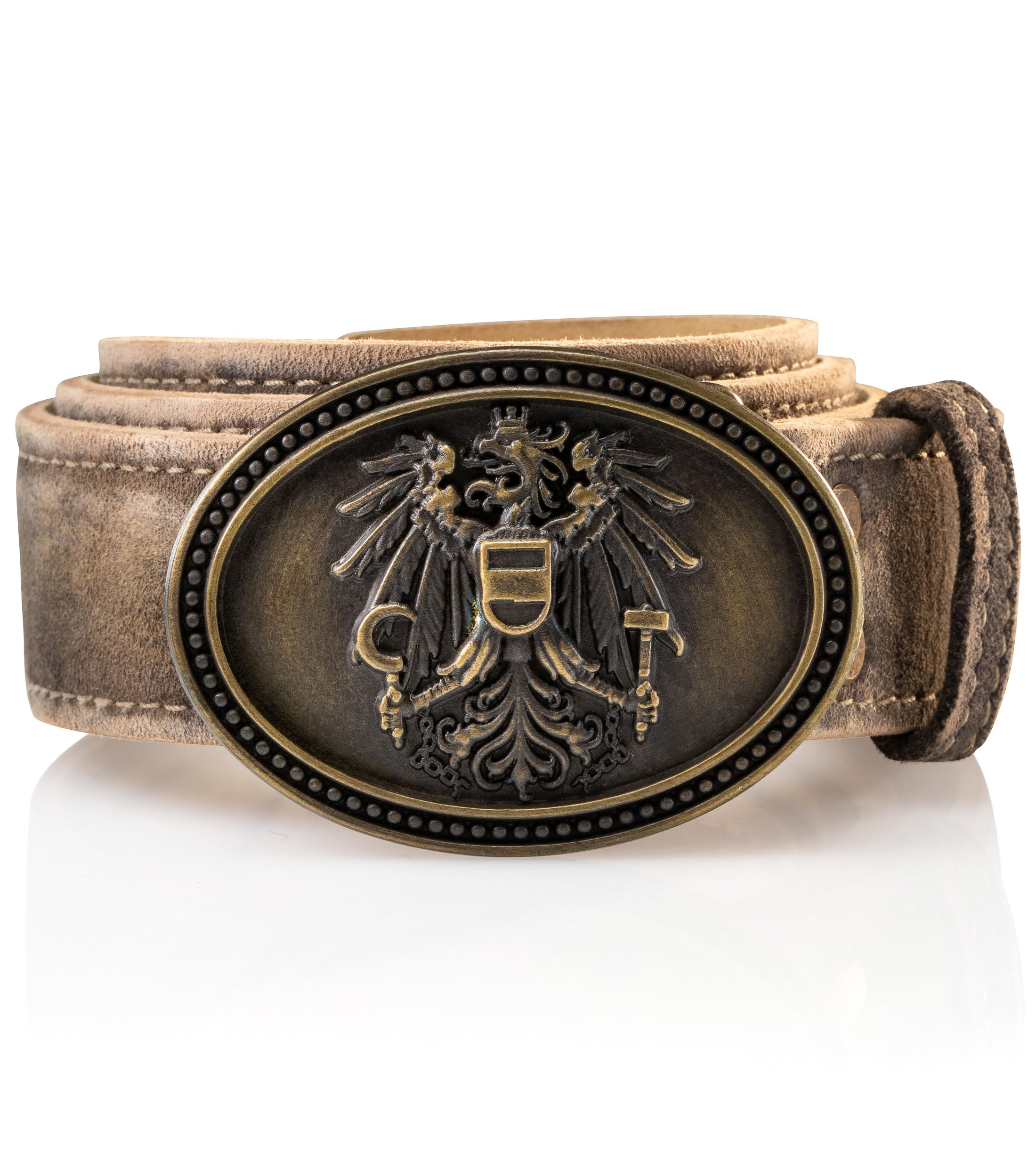 Schöneberger Trachten Couture Herren Trachtengürtel Österreich, Ledergürtel mit Austria Adler Schnalle, Lederhosen Gürtel aus Wildbock-Leder, Franco