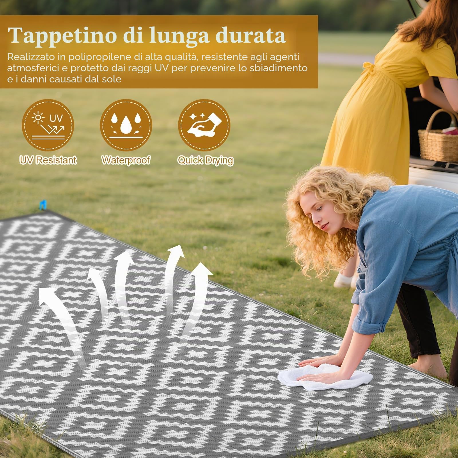 Tappeto da Esterno Impermeabile, Tappeto per Esterno 120 x 180 cm in Plastica Intrecciata, Resistente ai Raggi UV, Reversibile, Pieghevole e Lavabile per Giardino