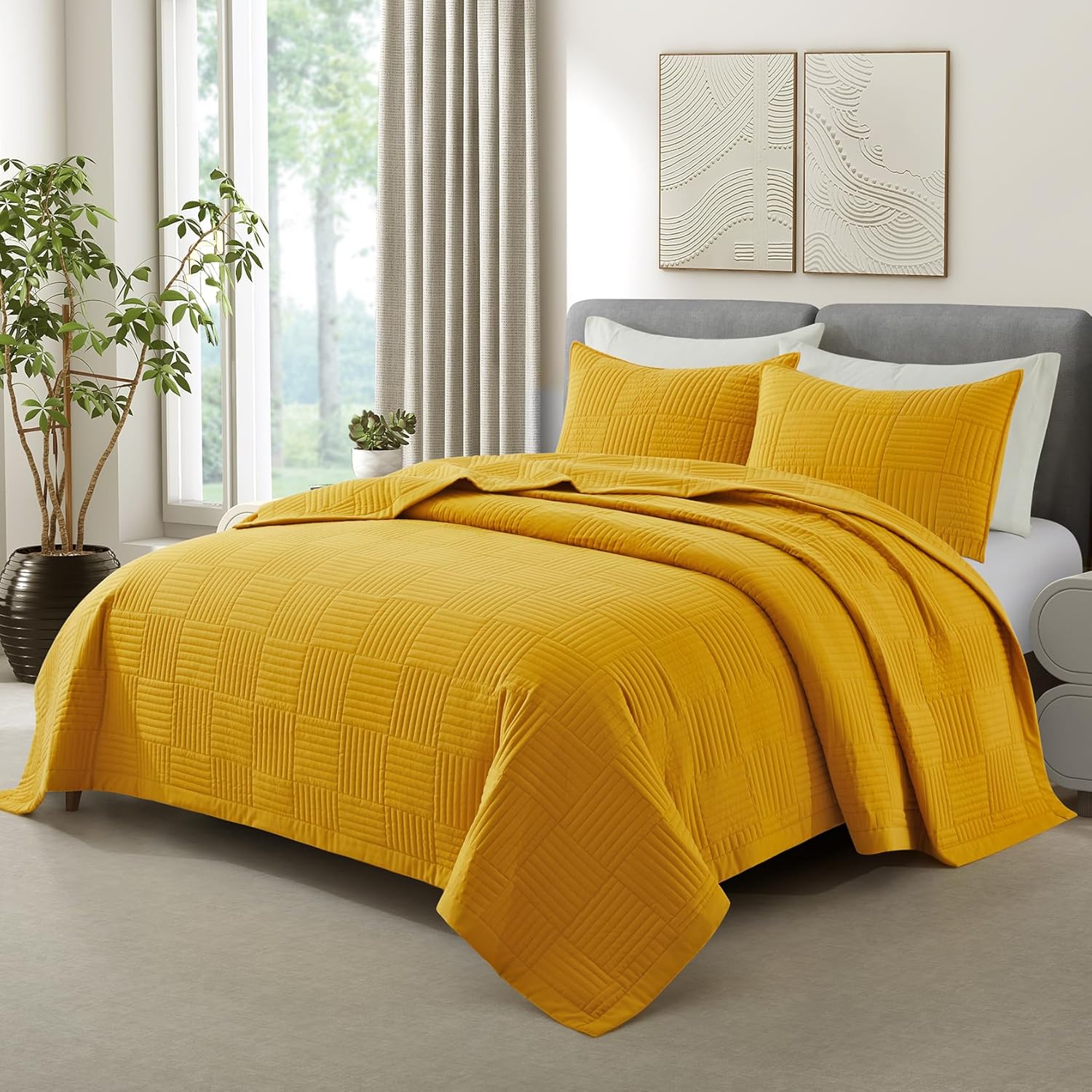 Lavsiry Queen Mustard Quilt Set, Summer Lightweight Full