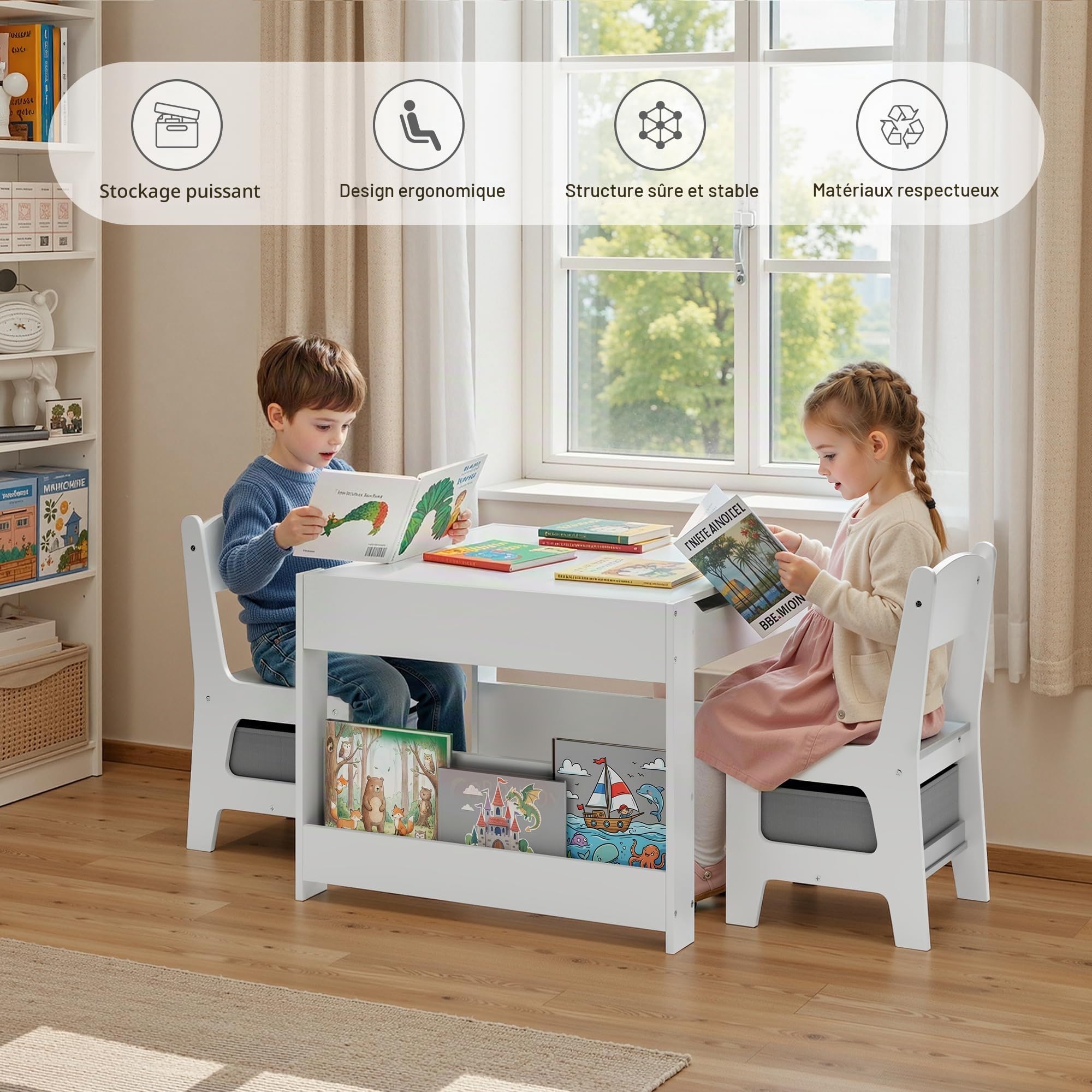 Xbro 4 en 1 Table Enfant avec 2 Chaises, Table de Dessin avec Plateau Réversible et Tableau Noir, Petit Bureau Enfant avec 2 Boîtes de Rangement Amovible, Étagères à Livres, Blanc