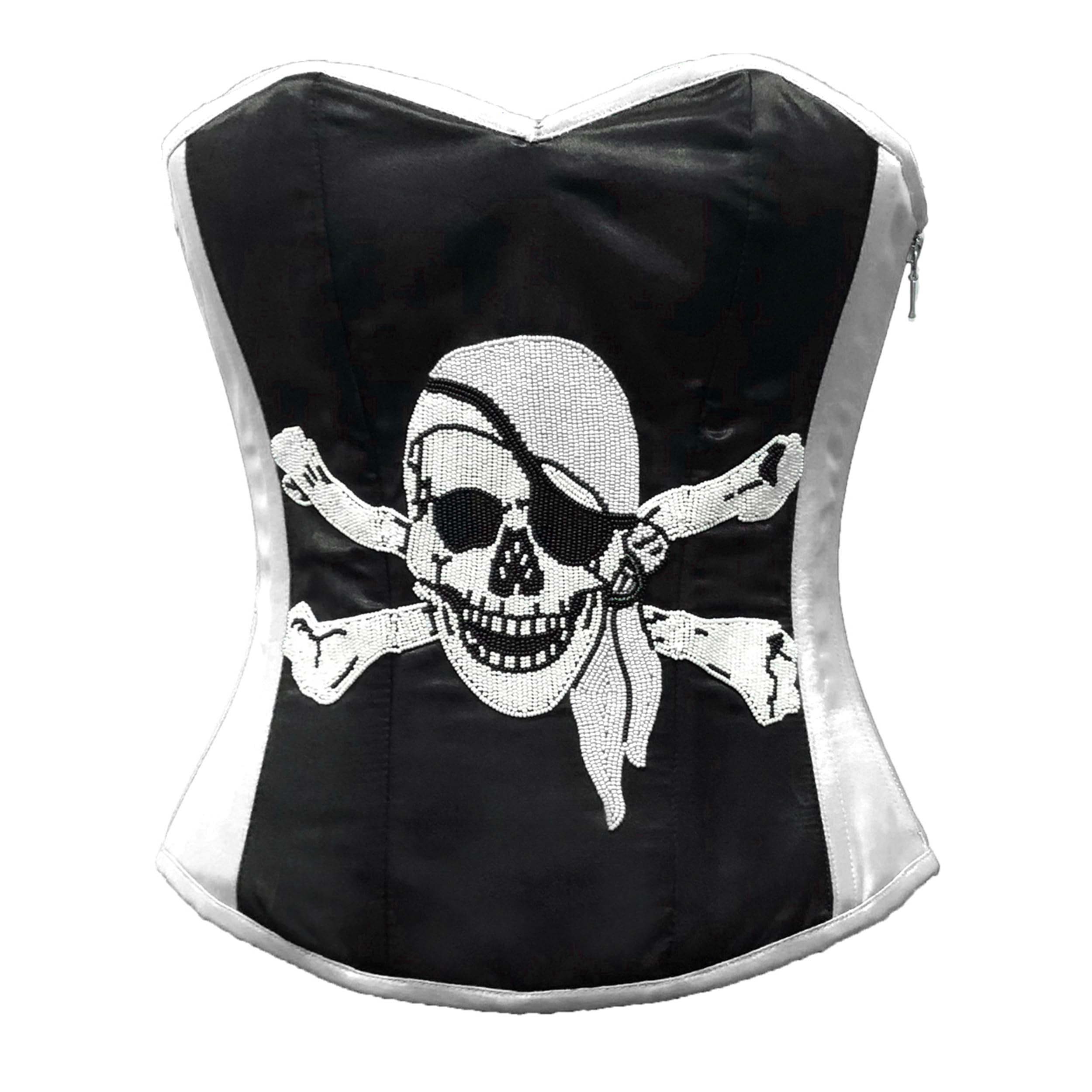CorsetsNmore Black and White Corset Satin Sequins Work Pirate Costume Waist Cincher Overbust