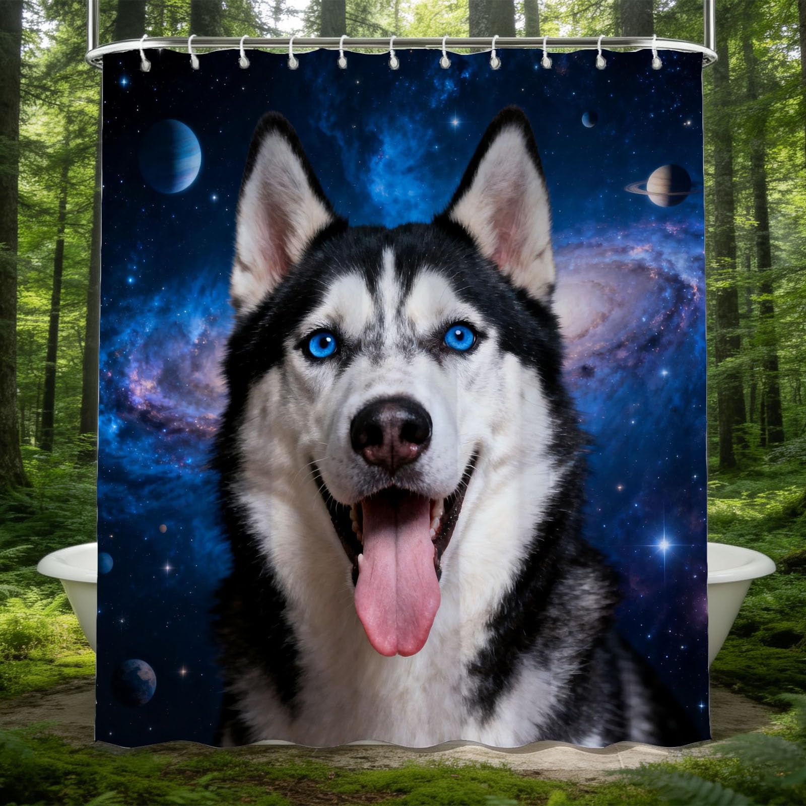 Hongduo 3D Starry Sky Husky Shower Curtain for Stalls Bathtubs Cute Animals Bathroom Decor Shower Curtain Set Polyester Fabric Waterproof 120x180cm/48X71 Inch with Hooks