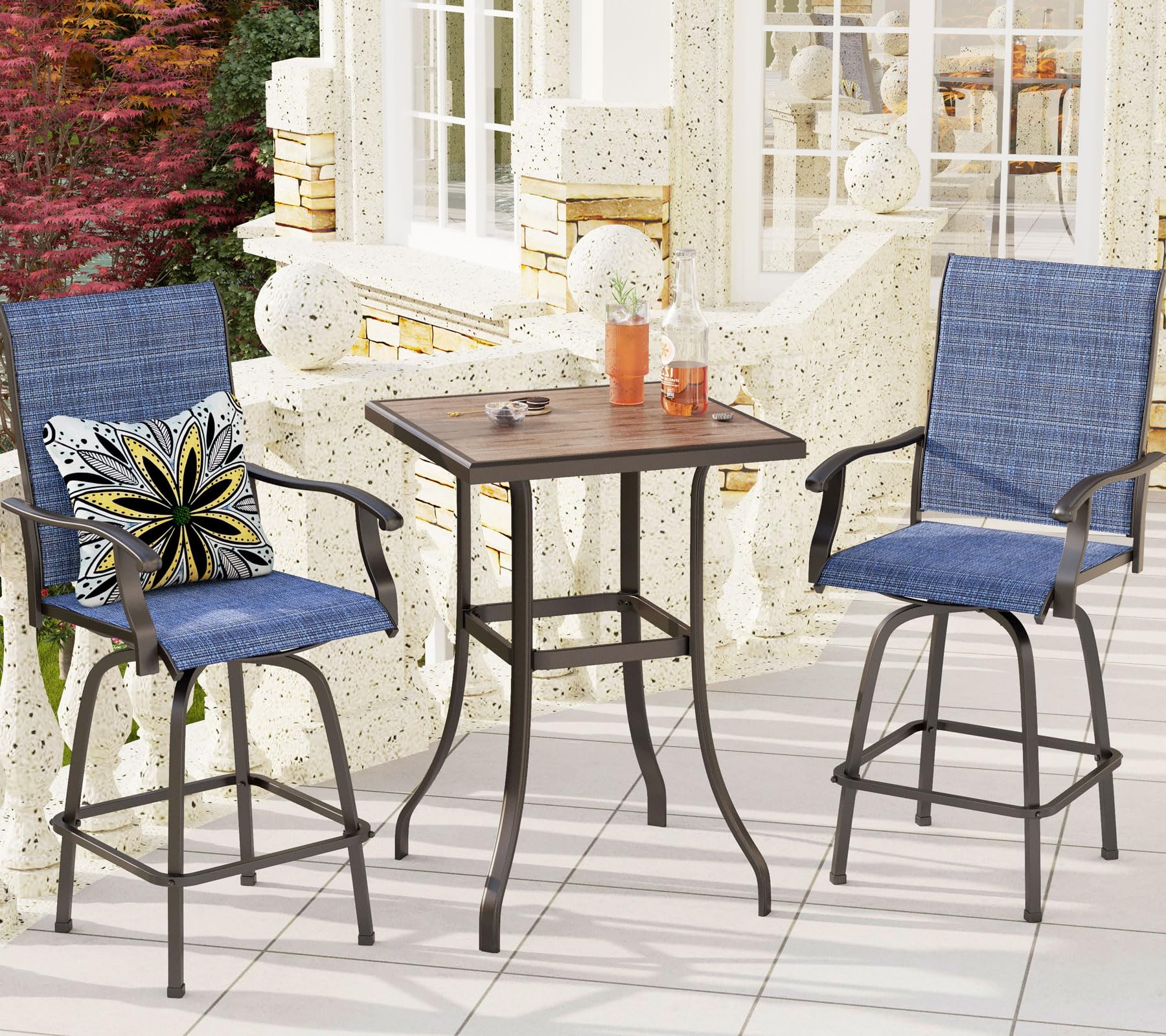 PHI VILLA 3Pcs Outdoor Swivel Bar Stools Set, Bar Height Patio Table and Chairs with All Weather Textilene Fabric, Pub Bar Bistro Tall Furniture Set for Outdoor, BlueOEKO-TEX STANDARD 100