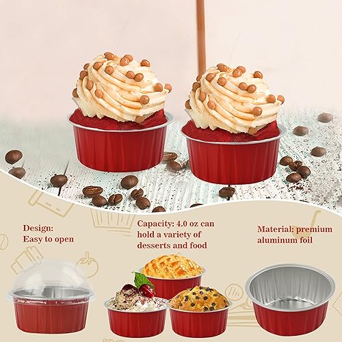 Miniatura 5 de 50 moldes para hornear con tapas, moldes de aluminio de 4 onzas con tapas, recipientes desechables para moldes para pasteles, forros de aluminio