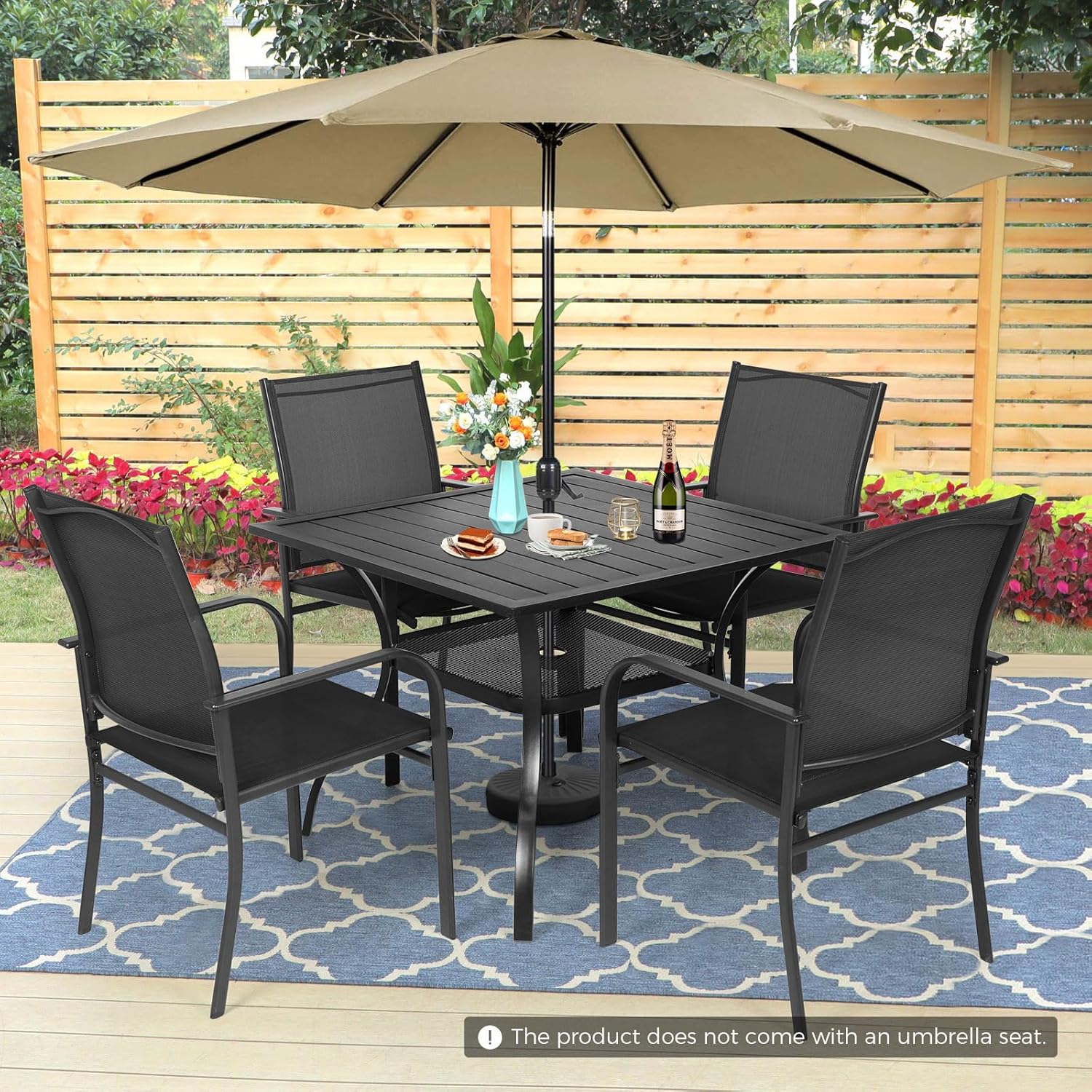 Incbruce 6 Pieces Patio Dining Set with Brown Umbrella, Outdoor Dining Set of 4 Textilene Chairs and Square Table with Umbrella Hole for Backyard, Garden, and Poolside (Black)