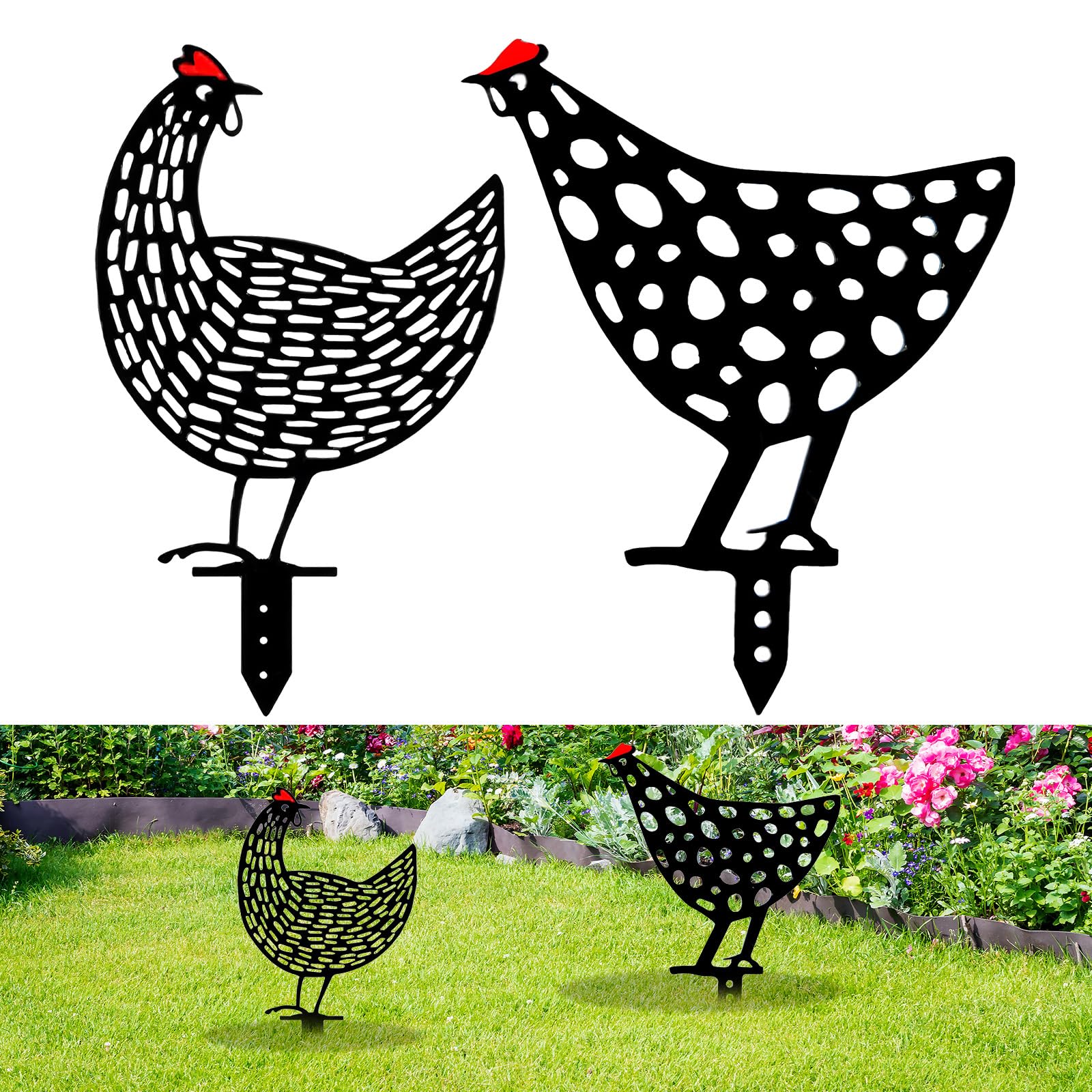 Comidox - 4 estatuas decorativas de metal para jardín de pollos con diseño de silueta de gallinas