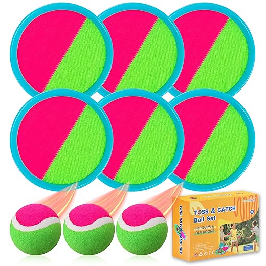 Toss and Catch Ball Set, Catch Game Toys for Kids, Beach Toys Paddle Ball Game Set with 6 Paddles and 3 Balls, Perfect Outdoor Games Sets Playground Sets for Backyards for Kids/Adults/Family