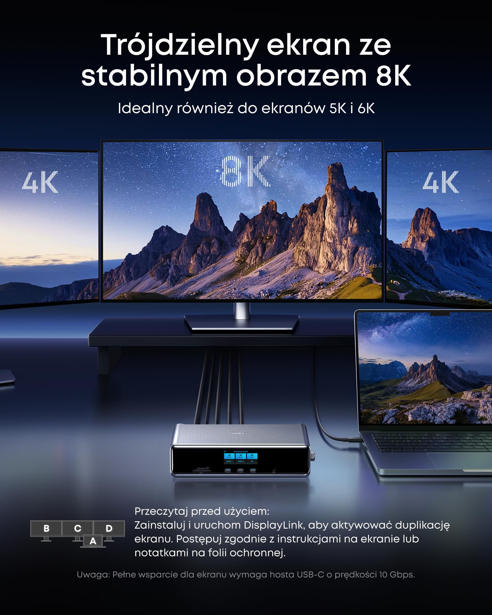 Stacja dokująca Anker Prime (DL7400), 14 portów, trzy wyświetlaczze z DisplayLink, maks. 140 W, inteligentny wyświetlacz, trzy wyświetllacze 4K 60 Hz, wentylator chłodzący, do systemów macOS i Windows