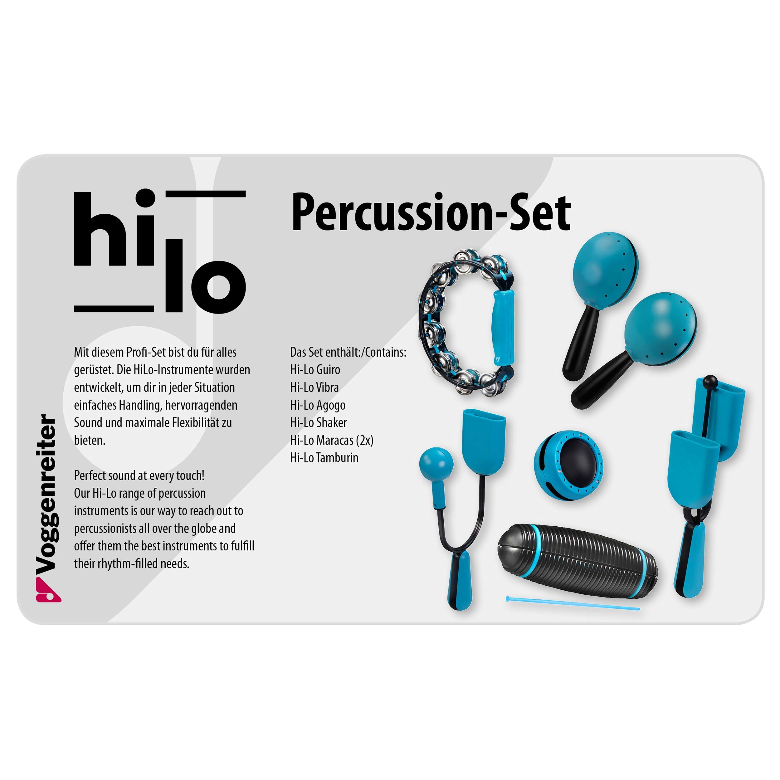 Voggenreiter Hi-Lo Set Percussion Rhythmus Instrumente 6-Teilig für eingängige Beats (enthält: Guiro, Vibra, Agogo, Shaker, 2 Maracas, Tamburin), Blau/Schwarz, 1183-0