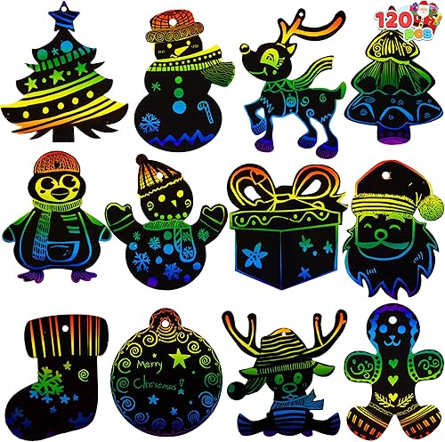 Miniatura 9 de JOYIN 120 piezas de adornos de arte de rascar navideños, kit de manualidades de papel de rascar de color arco iris, adorno navideño para colgar, kit
