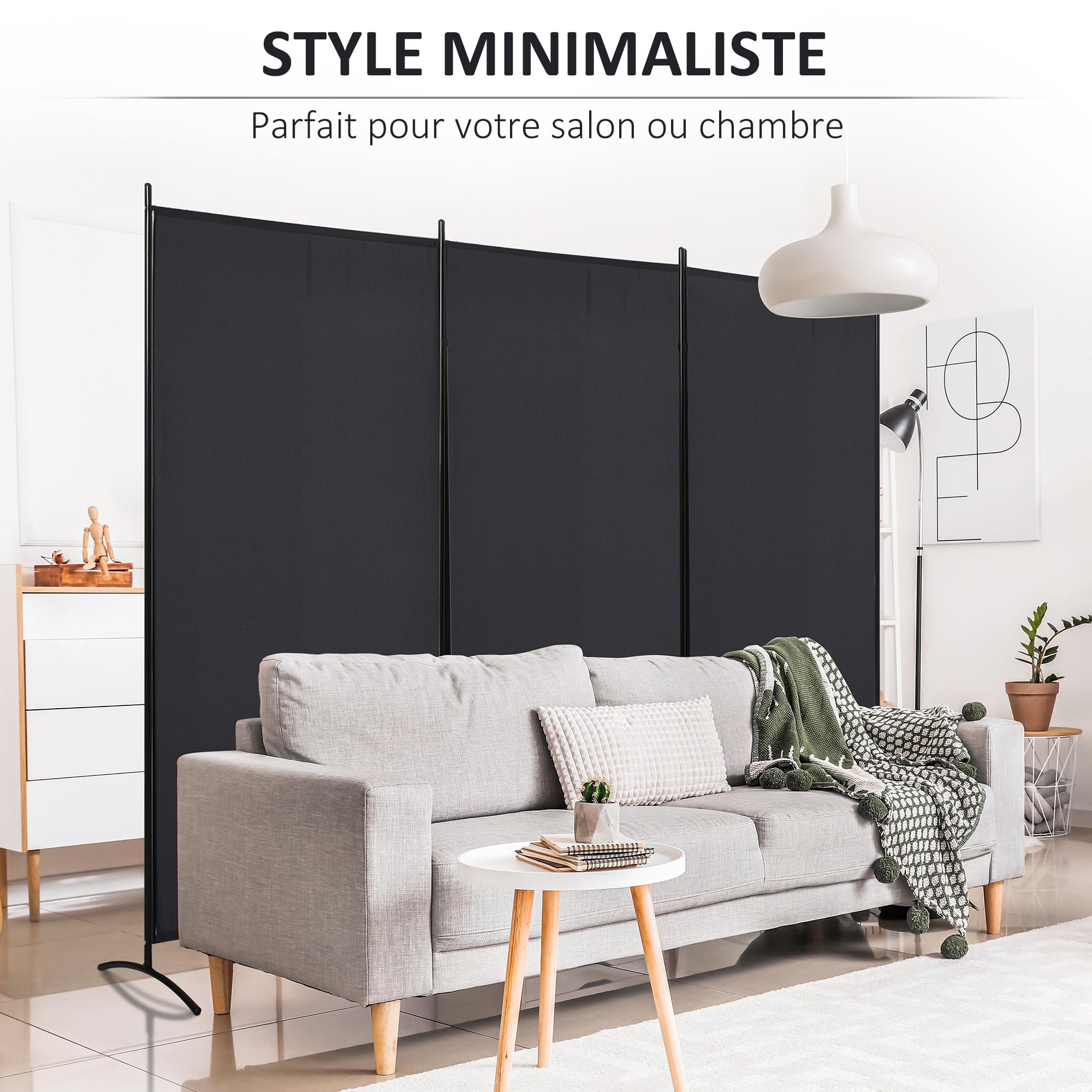 HOMCOM Paravent 3 Panneaux Store Latéral 253 x 50 x 182 cm Noir