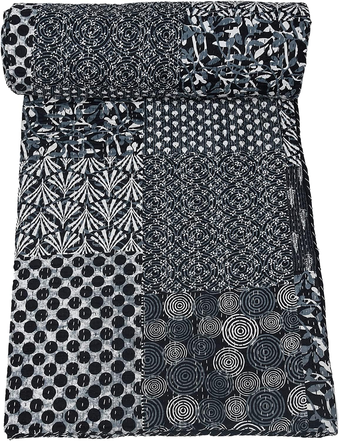 Indian Handmade Cotton Ikat Print Kantha Quilt, Reversible Throw Blanket Bedding