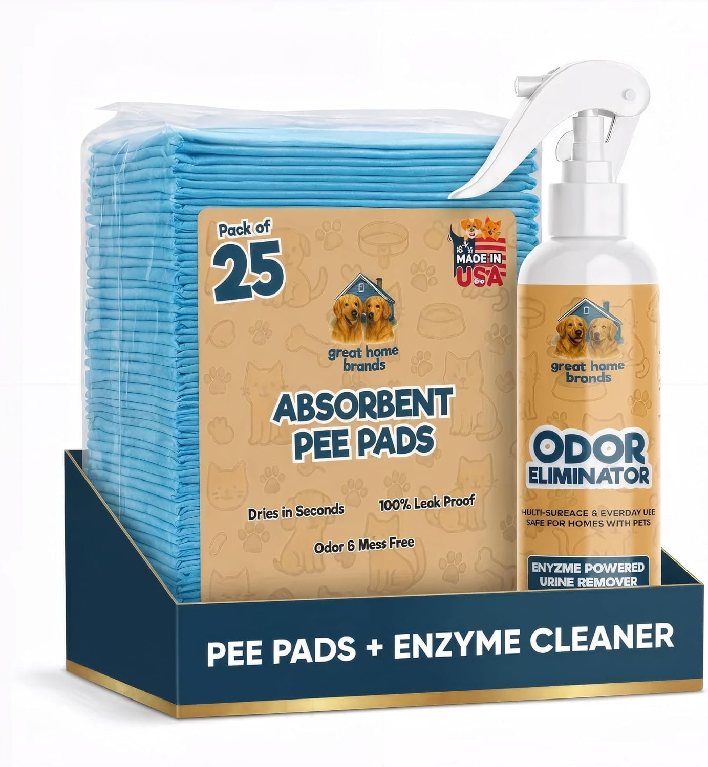 Extra Large Pee Pads for Dogs 30x23 in, 25 Count | Super Absorbent Multilayer Leak Proof Design | Quick Dry Top Layer | Includes Pet Urine Enzyme Cleaner | Disposable Potty Training Mat
