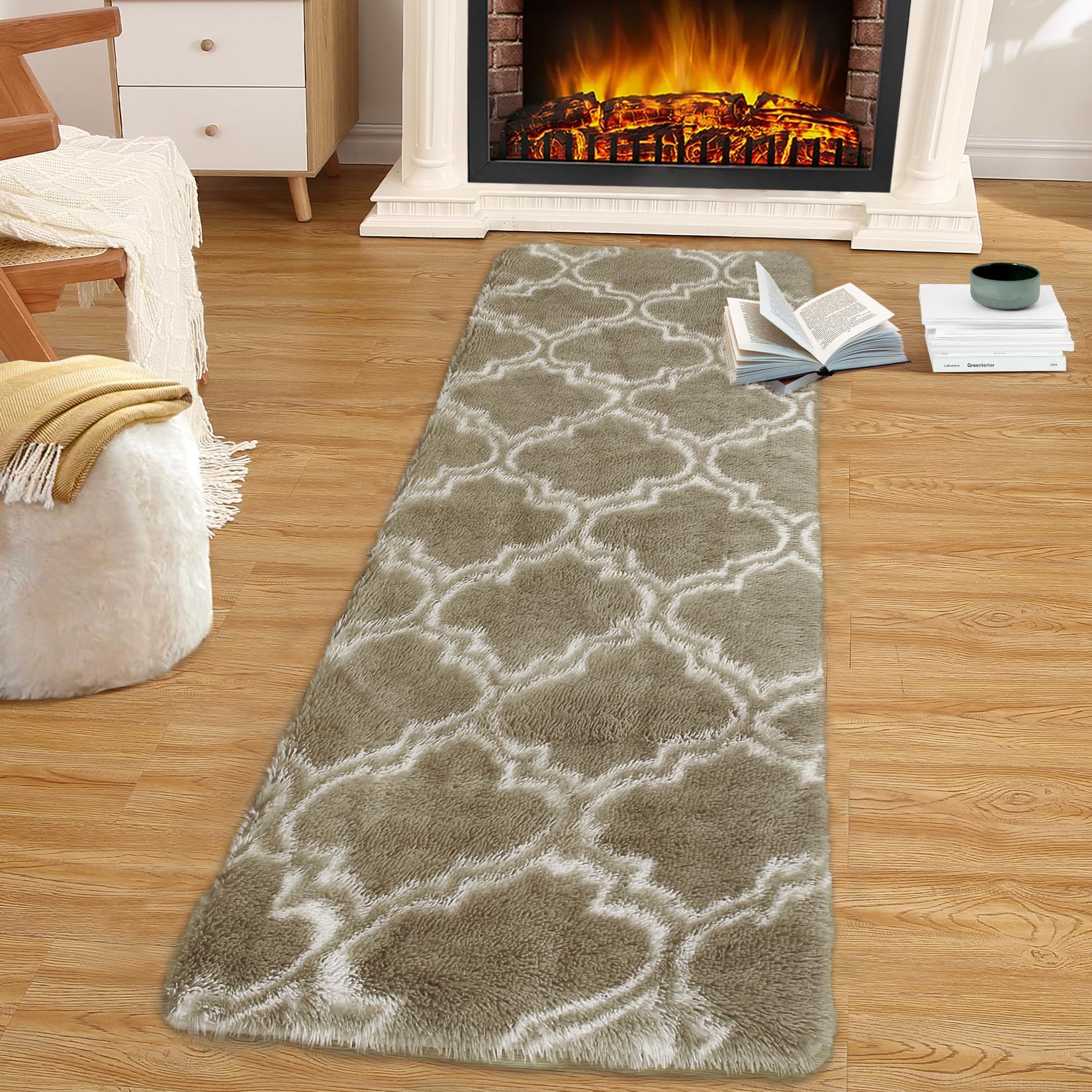 FairOnly Shag Fluffy Area Rug 2x8 for Hallway Bedroom Moroccan Runner Rug Geometric Anti-Skid Fuzzy Runner Rug Plush Faux Fur Nursery Indoor Runner Carpets for Kids Boys Girls Room Home Decor