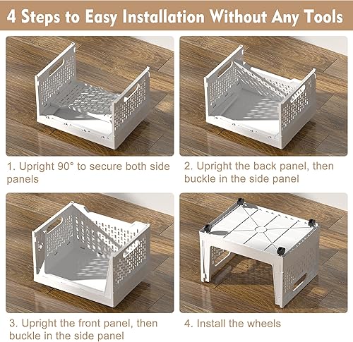 Miniatura 8 de Cesta de almacenamiento de plástico apilable, paquete de 3 organizadores plegables de armario y contenedores de almacenamiento con ruedas, estante