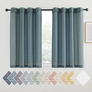 NICETOWN Smoke Blue Linen Sheer Curtains 45 inch Long for Kitchen, Grommet Semi Sheer Linen Curtains & Drapes Privacy with Light Filtering for Bedroom, 2 Panels, W52 x L45