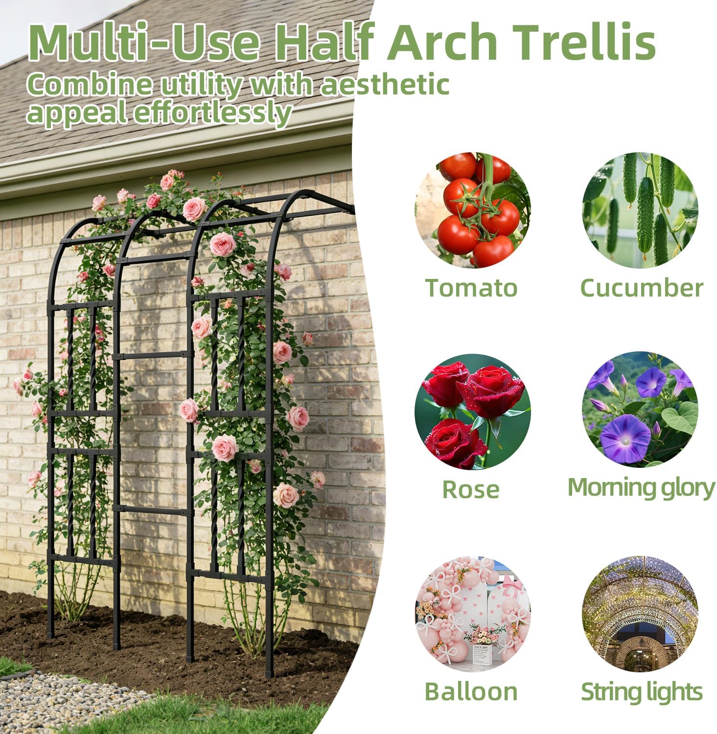 Square Tube Half Side Garden Arch Trellis 4.0FT×7.9FT,Metal Arbor Trellis for Climbing Plants Outdoor,Large Black Archway for Yard Patio Wedding Lawn