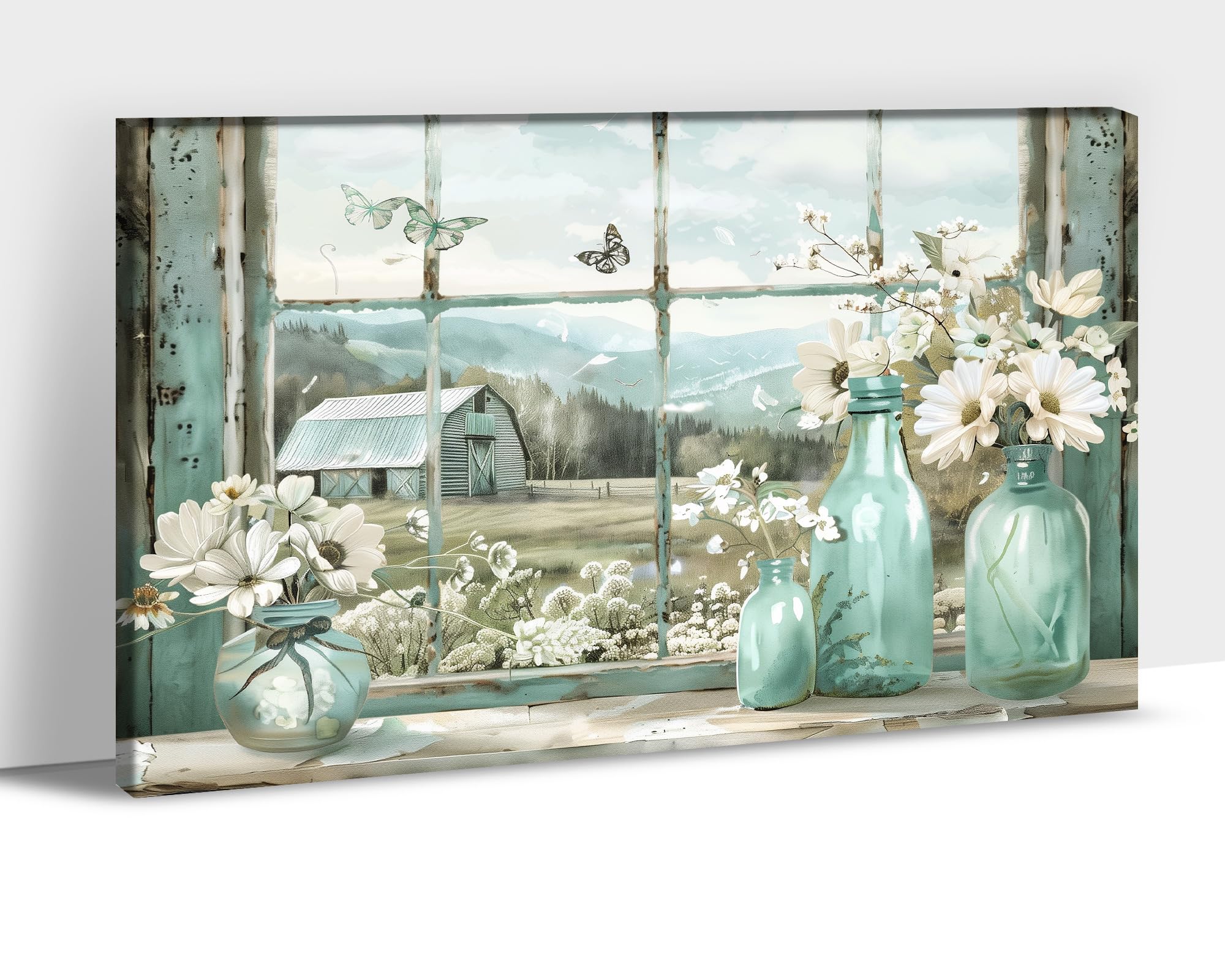 Country Style Paintings Wall Decor, Teal Flower Bathroom Pictures for Wall, Bathroom Wall Art, White Flower in Vase Butterfly Pictures Rustic