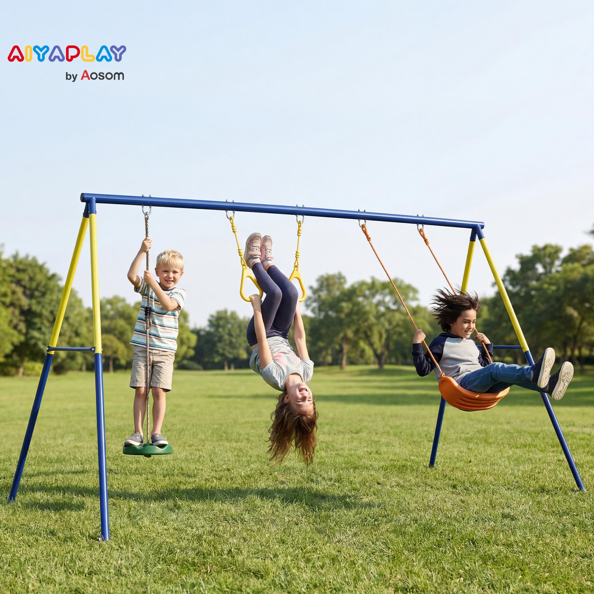 AIYAPLAY Set Altalena da Giardino 3 in 1 per Bambini con Altalena in Piedi, Anelli da Ginnastica, Telaio A in Acciaio, Altalene Doppie per Bambini, Capacità 150kg, Esterno, 3-8 Anni, 285x160x181 cm
