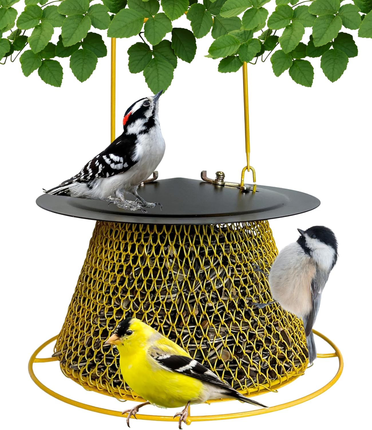 Small Collapsible Mesh Feeder - Yellow and Black Hanging Bird Feeder - Holds 1lb of Sunflower Seeds