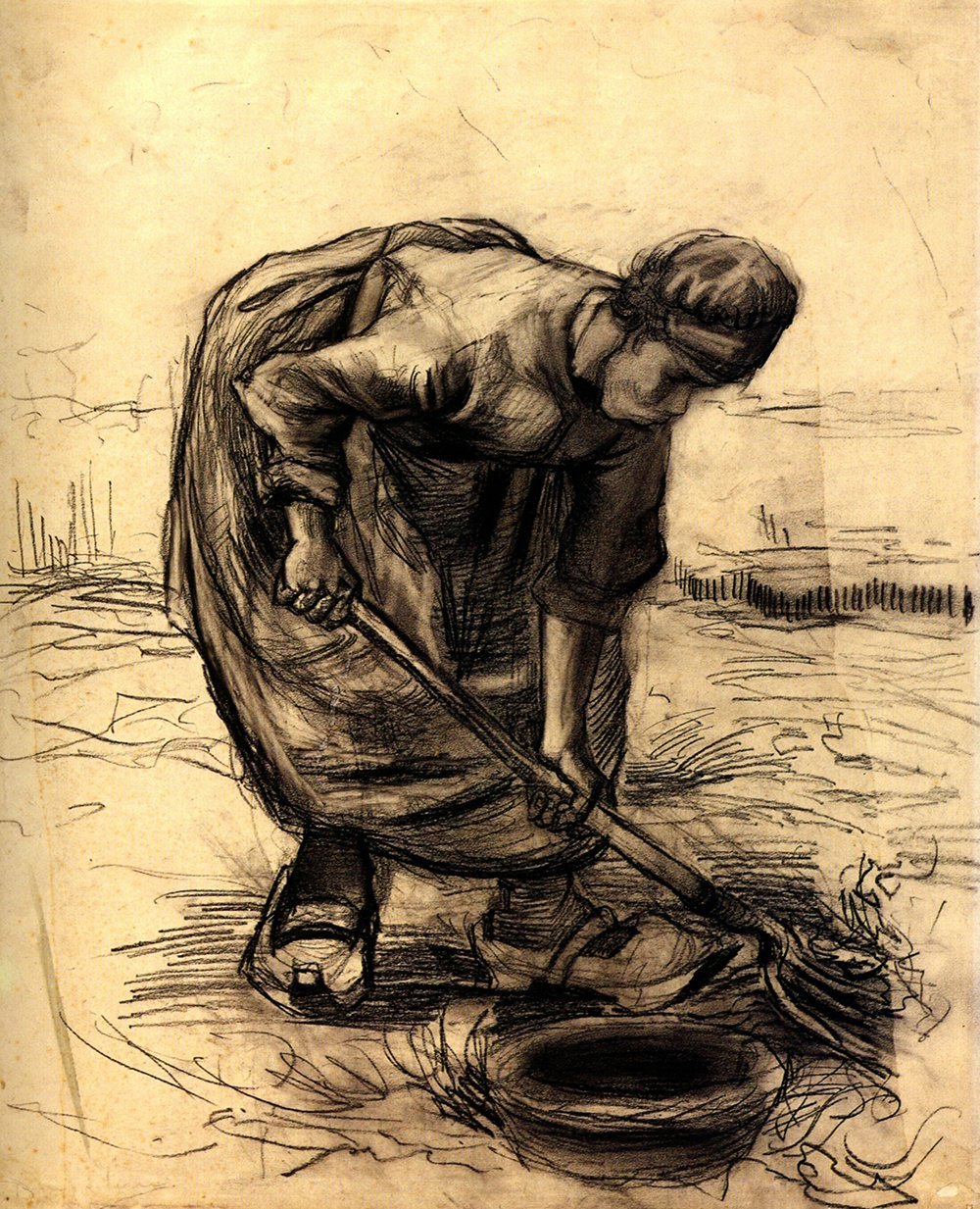 Lámina mate de Vincent Van Gogh - Campesina sacando patatas 1885 formato mediano