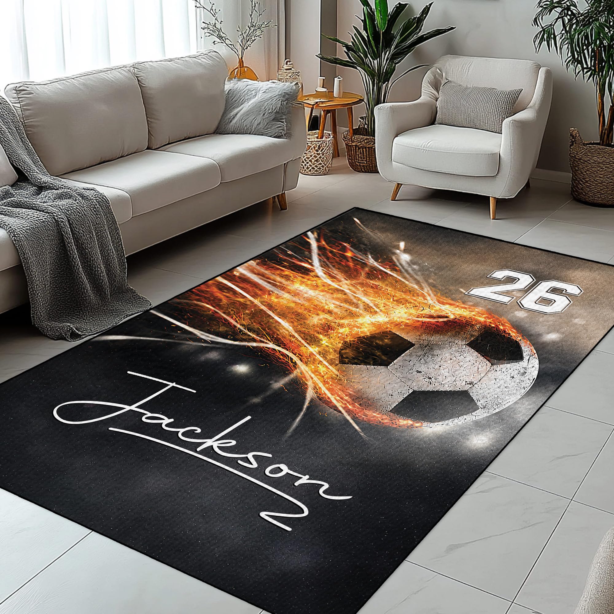 Custom Soccer Area Rug – Indoor Outdoor Carpet for Bedroom, Entryway, Living Room – Personalized Name Hallway Runner – Birthday Gift for Players, Coach, Son, Daughter, Teen, Sports Team, Fan Decor