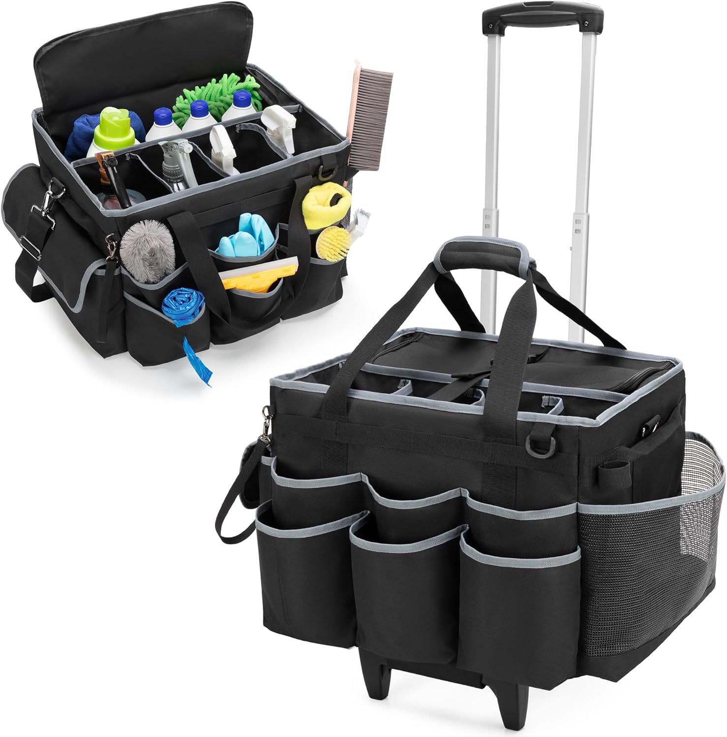 Large Cleaning Caddy with Detachable Trolley & Shoulder Strap, Cleaning Supplies Bag with Handles & Support Plates, Cleaning Product Rolling Organizer for Car Wash and Housekeeping Large Cleaning Caddy with Detachable Trolley & Shoulder Strap, Cleaning Supplies Bag with Handles & Support Plates, Cleaning Product Rolling Organizer for Car Wash and Housekeeping