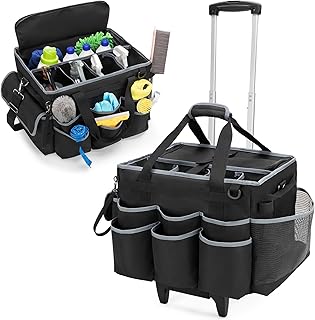 Large Cleaning Caddy with Detachable Trolley & Shoulder Strap, Cleaning Supplies Bag with Handles & Support Plates All-Around, Cleaning Product Rolling Organizer for Car Wash and Housekeeping