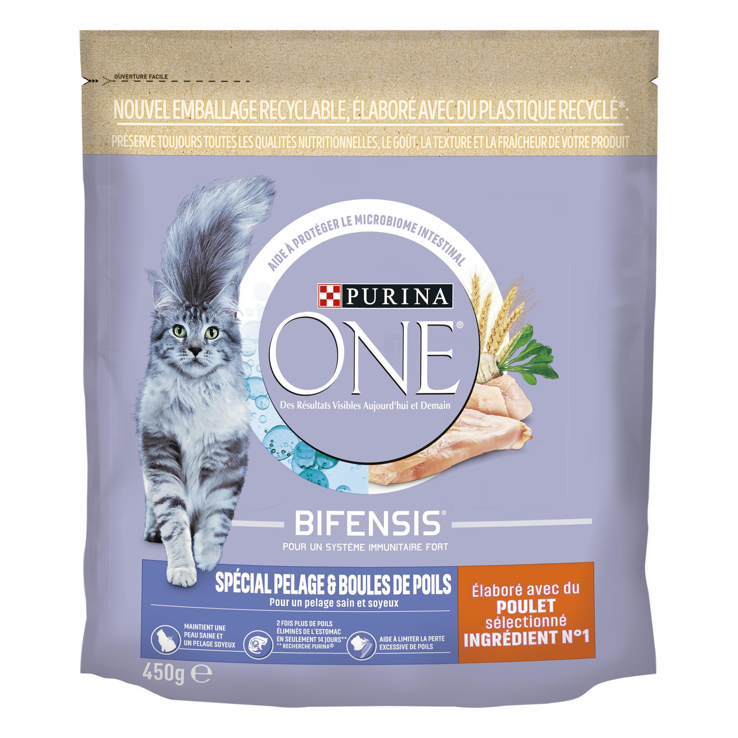 PURINA ONE Bifensis Peeling & Bombki do sierści Kompletne karma z kurczakiem i płatkami zbożowymi dla dorosłych kotów 450 g saszetki na posiłki | Zestaw 10 szt