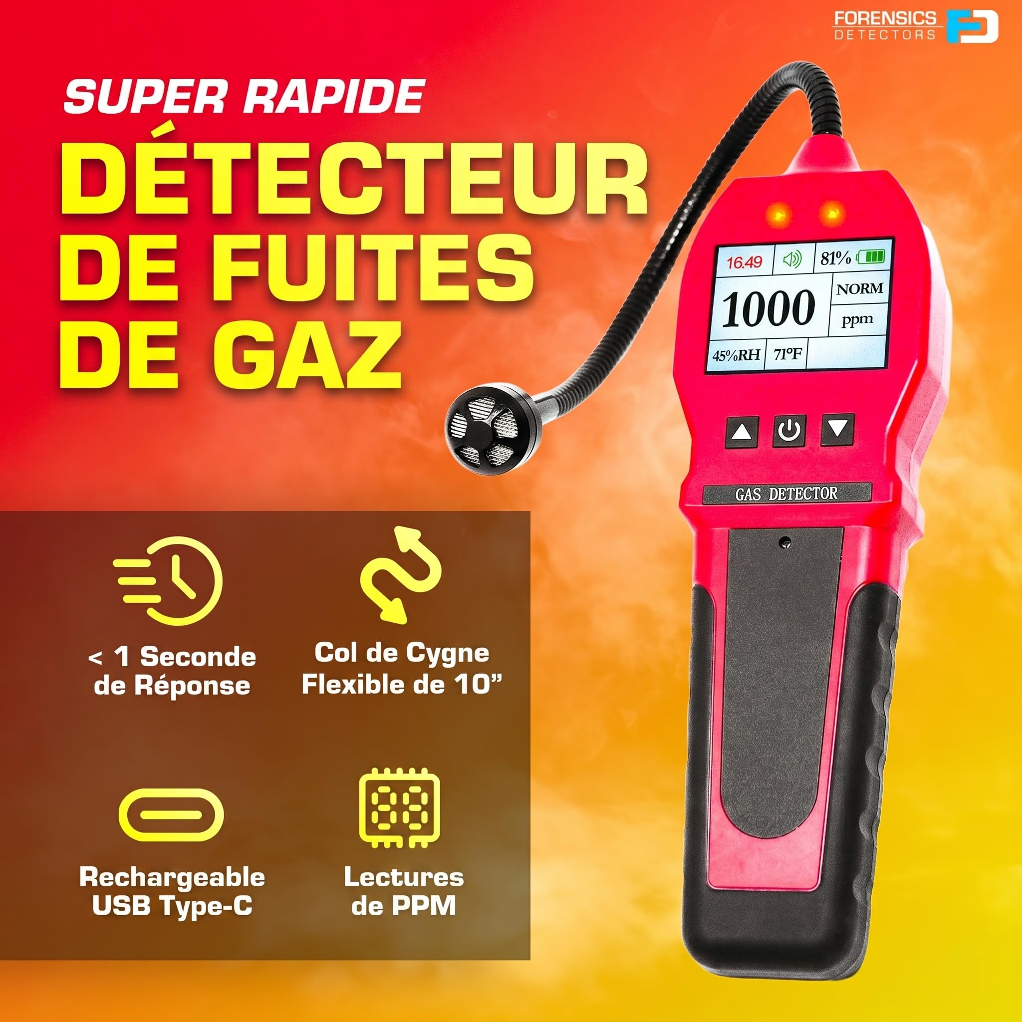 Détecteur Professionnel de Fuites de Gaz | Alarmes Réglables | Affichage 0–10 000 ppm avec Résolution de 1 ppm | Batterie Li-ION | Gaz Naturel, Méthane et Combustibles