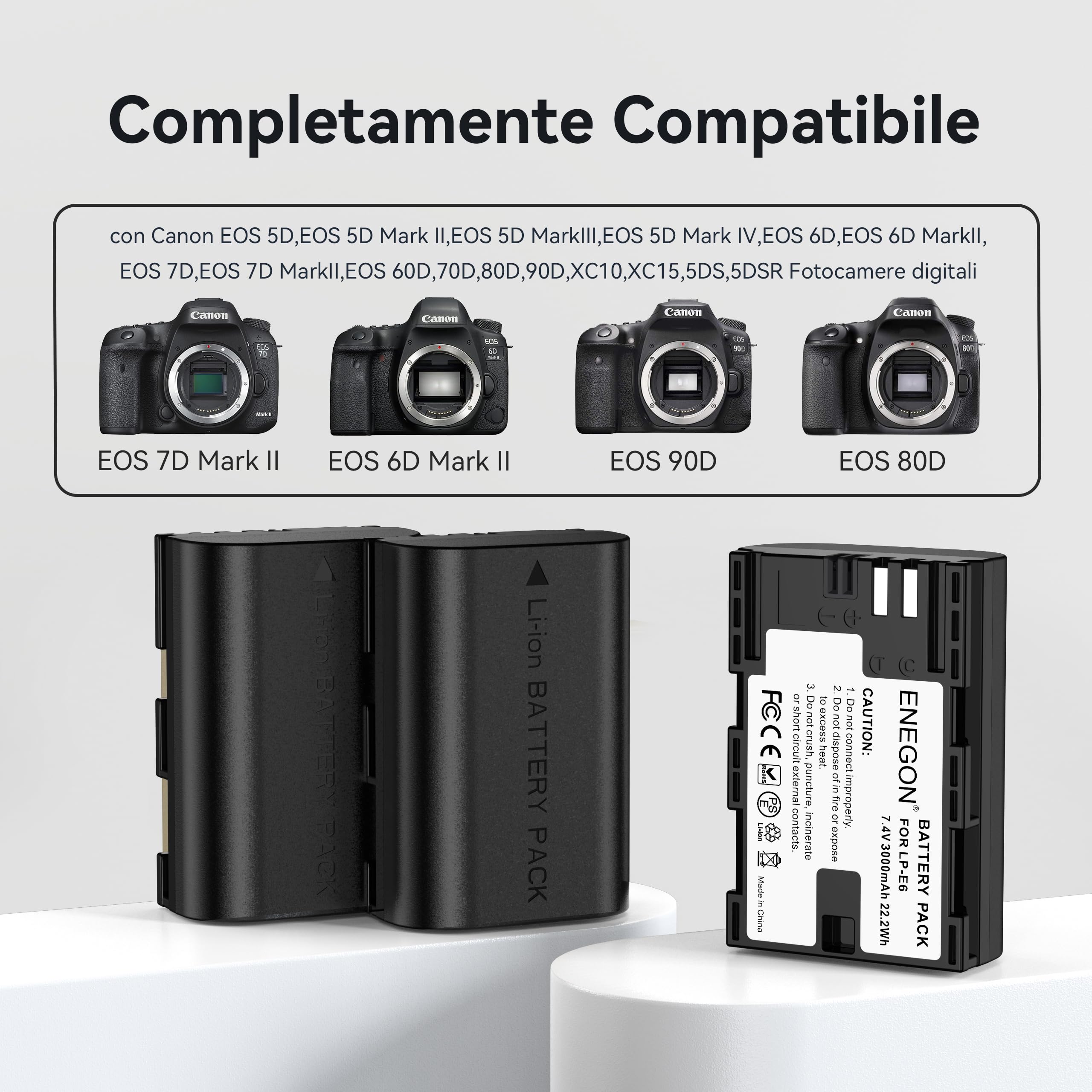 ENEGON Batterie LP-E6 (3×3000mAh) con caricabatterie a 3 slot e display LCD, compatibili con Canon EOS 5D, EOS 5D Mark II,EOS 6D, 7D, 60D, 70D, 80D, 90D, XC10, XC15