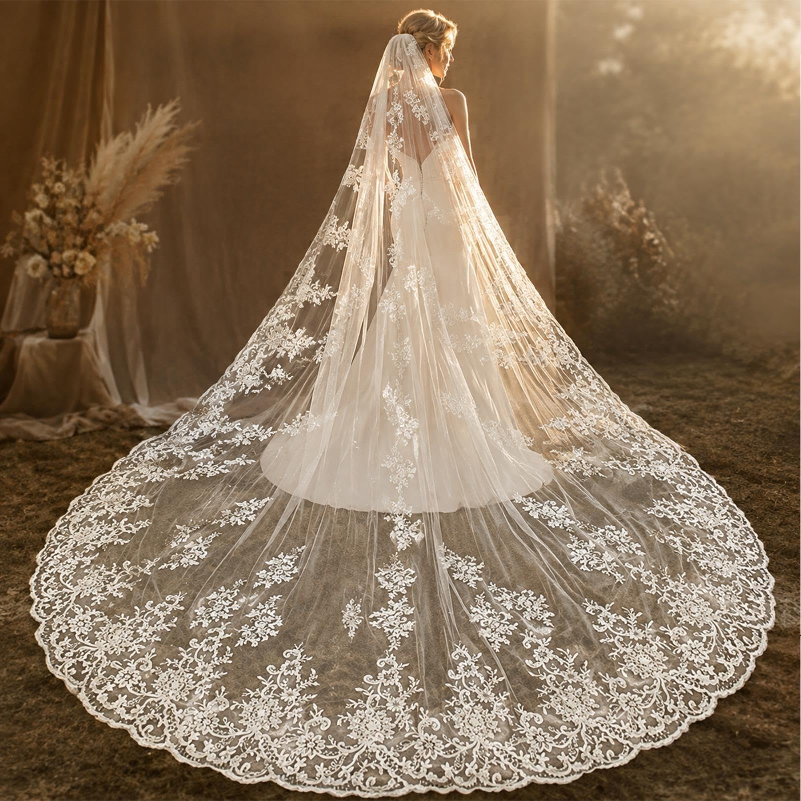 Velo da Sposa Lussuoso, Velo da Sposa in Pizzo Extra Lungo, Largo 300 Cm, Stile Chiesa, Colore Avorio, con Pettinino per Capelli, Adatto A Spose E Ragazze(400x300cm)