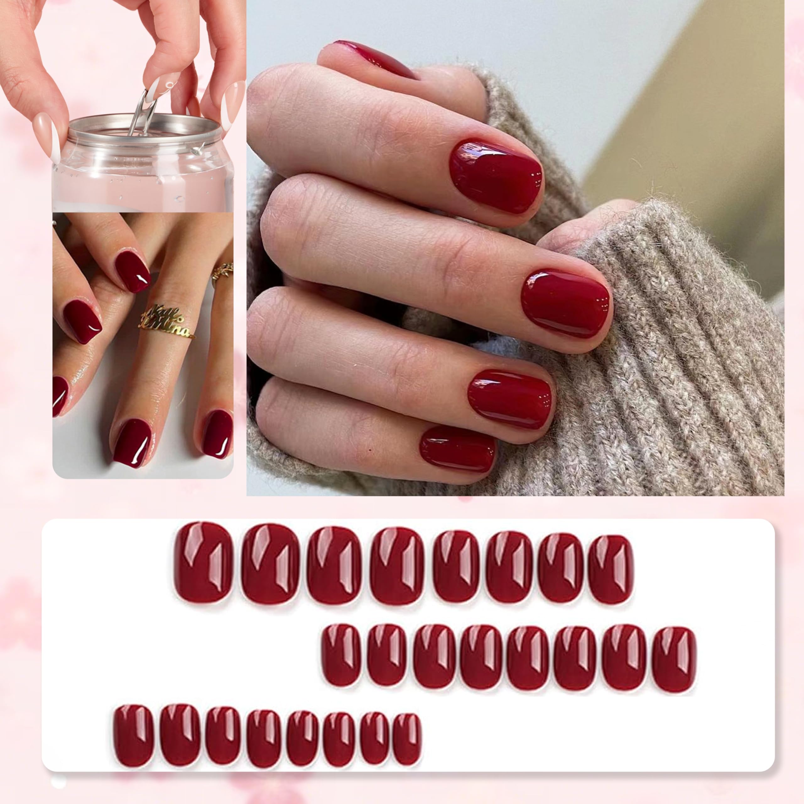 24 sztuki Press on Nails sztucznych paznokci – czerwone, krótkie, kwadratowe paznokcie do naklejenia, sztuczne paznokcie do naklejenia Full Cover, akrylowe paznokcie dla kobiet i dziewcząt, Nail Art