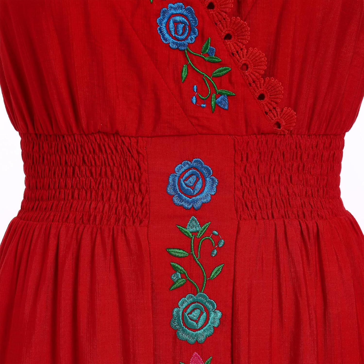 Women Mexican Dress Floral Embroidered Traditional Fiesta Dresses Summer V-Neck Short Sleeve Cinco De Mayo Outfits - Image 4