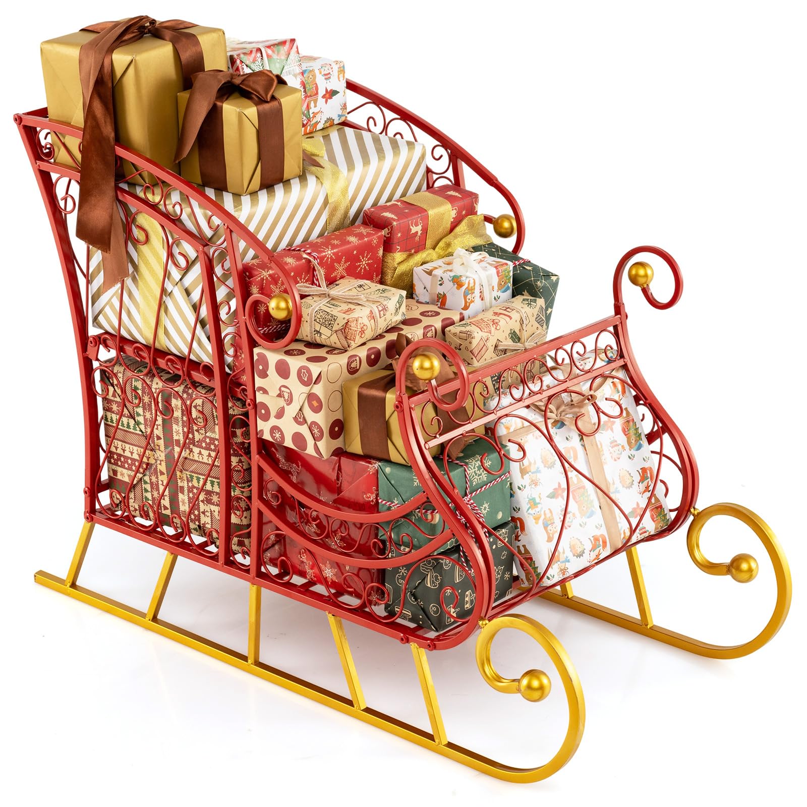 COSTWAY Traîneau de Noël avec Rangement à 2 Niveaux, Decoration Noel Exterieur Interieur, Cadre en Métal, Luge du Père Noël, Décoration de Fête pour Maison Bureau Carnaval, 85 x 42 x 61,5 cm