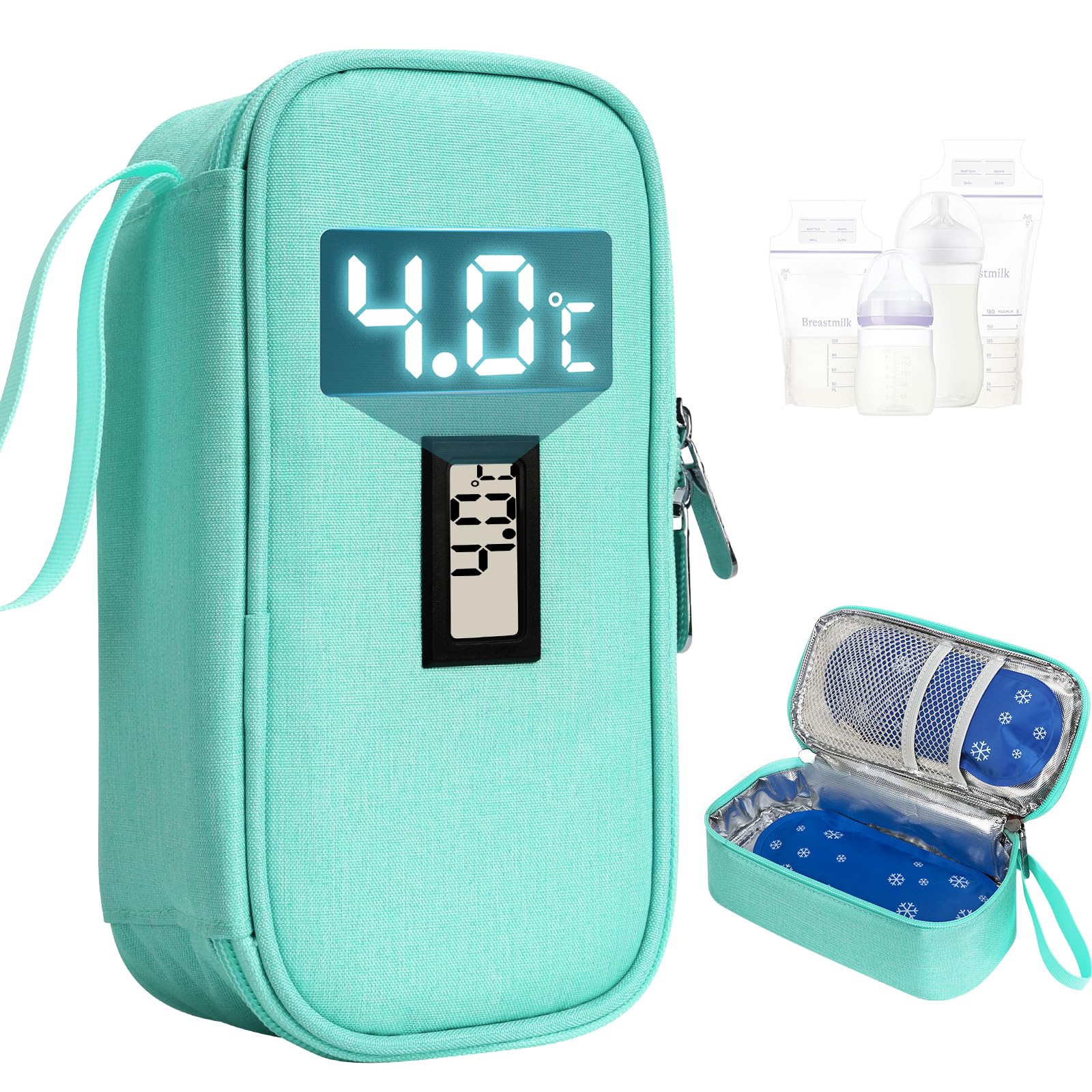 YOUSHARES Muttermilch Kühltasche mit Temperaturanzeige für 4-6 Muttermilchbeutel, tragbare Isoliertasche zur Muttermilch Aufbewahrung, inkl. 2 Kühlakkus für Reisen, Kita, Arbeit, Picknick (Blassgrün)