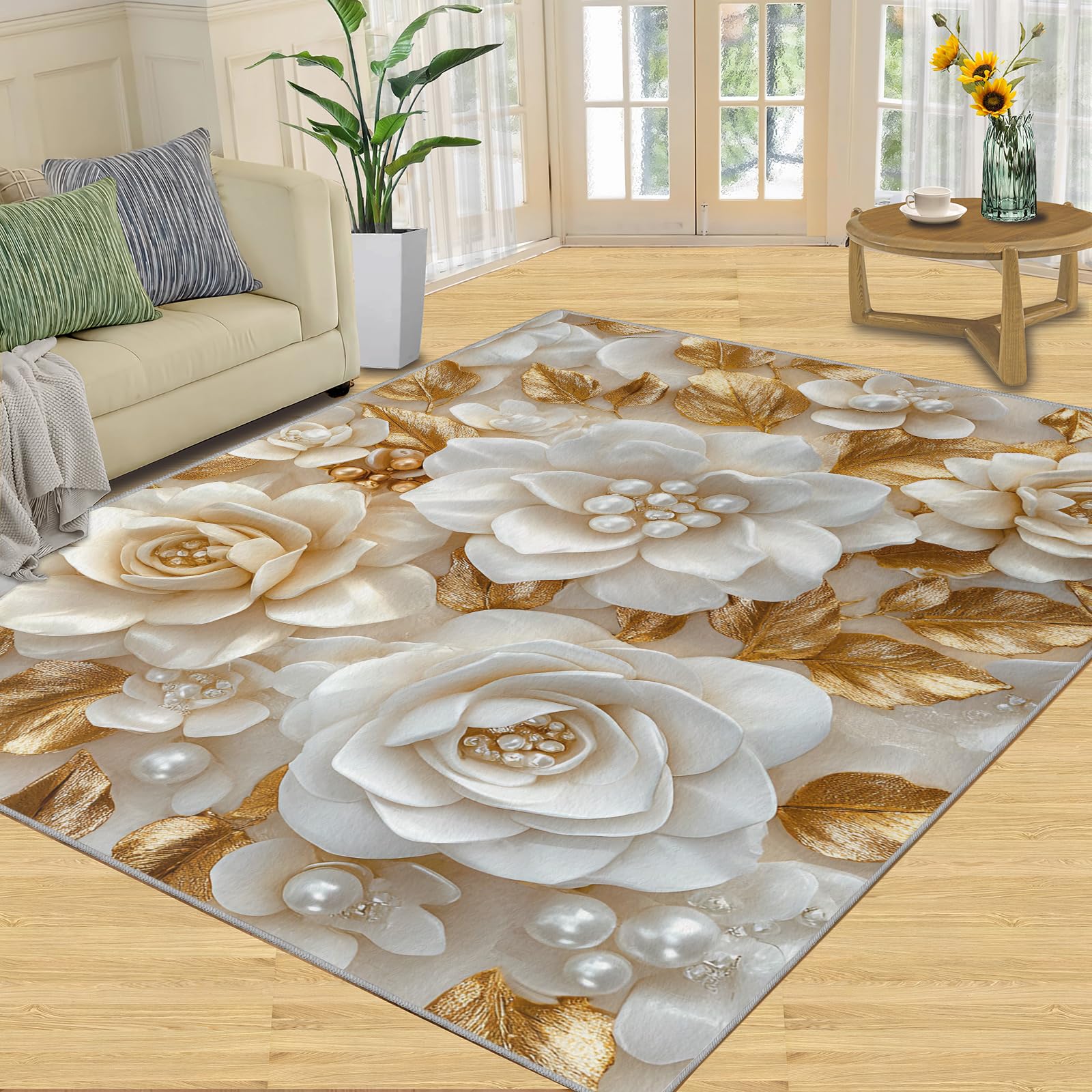 Perlenblüte Waschbar Teppich Weiß-goldene Blüten Teppich rutschfest, Luxuriöses Reliefblumenmotiv Teppiche für Esszimmer Schlafzimmer In & Outdoor Schmücken, 70x140 cm