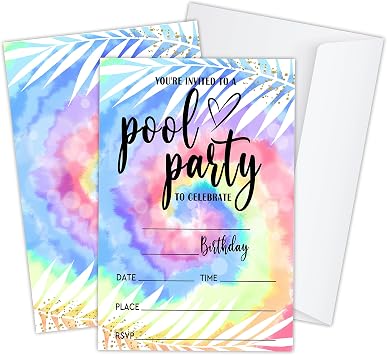 Set of 20 Birthday Invitation Cards with Envelopes for Kids, Tie Dye Pool Birthday Party Invitation Card for Boys or Girls, Summer Swimming Pool Theme Party Supplies, Fill-in Invites - JY324