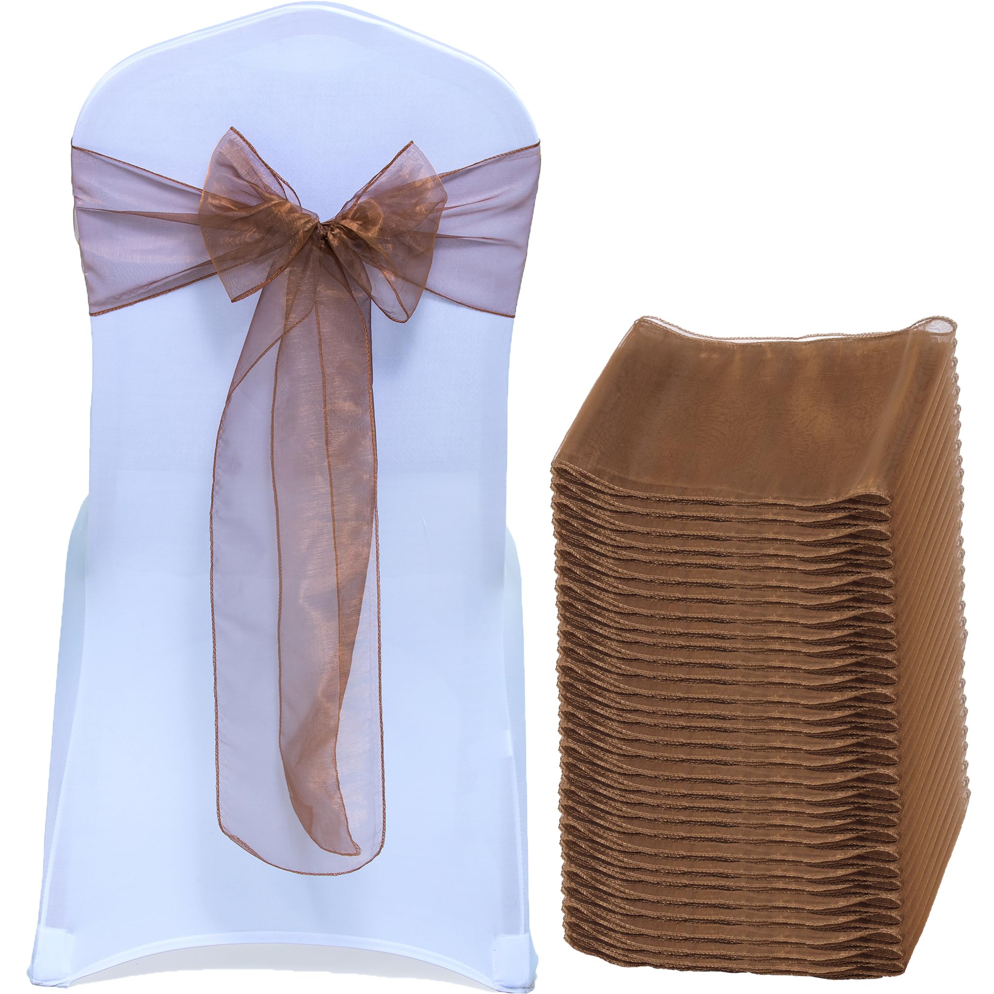 EDecor Pack of 125 Organza Chair Sashes for Wedding & Party Decorations – Reusable Sheer Chair Bows Tie Back for Banquet Chairs, Bridal Shower, Birthday, Reception Event Styling Décor - Coffee