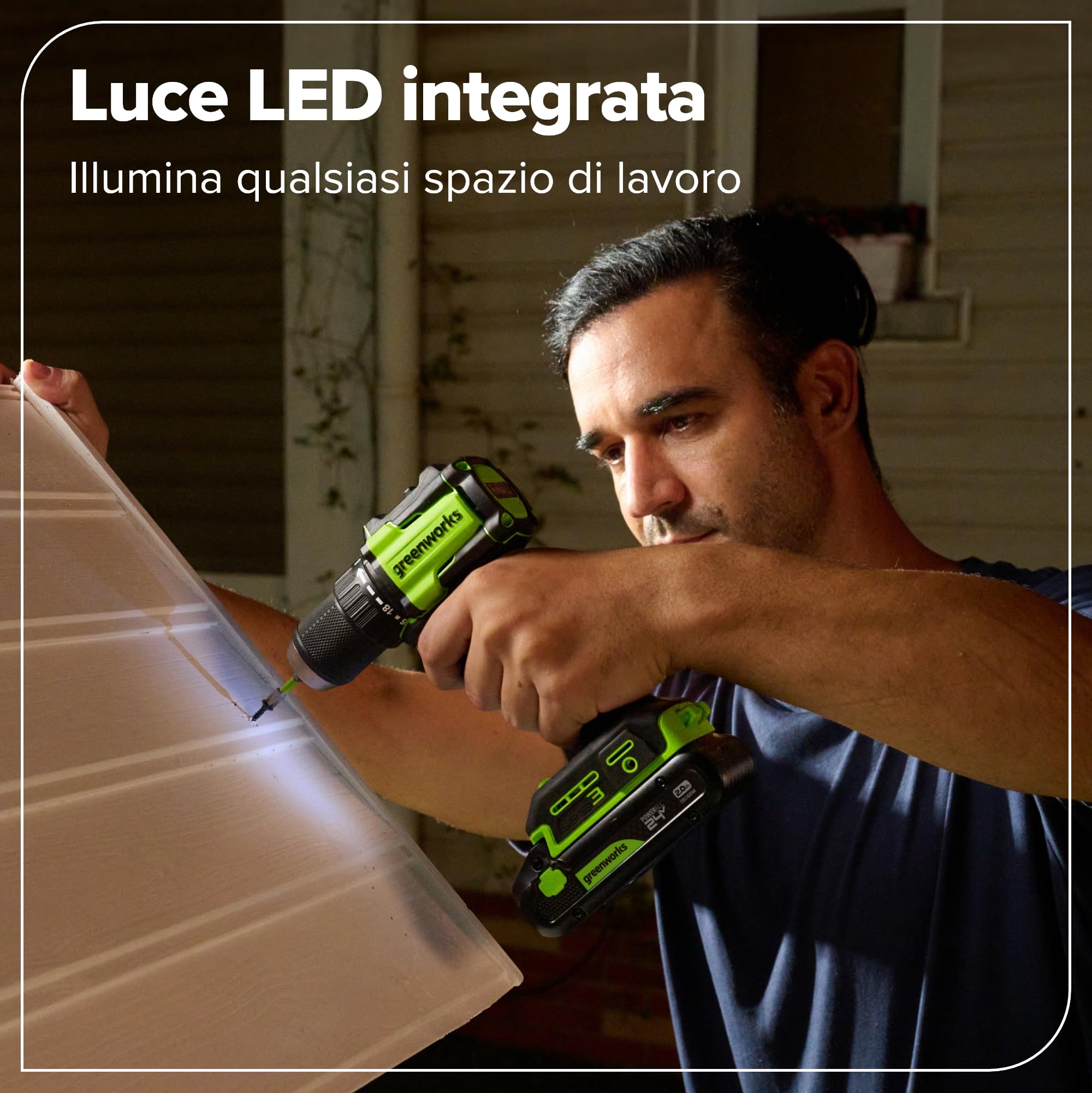Greenworks 24V Cordless Brushless 45Nm Trapani a percussione, leggero, luce di lavoro a LED, frizione 18 + 1 senza USB-C batteria e caricabatteria